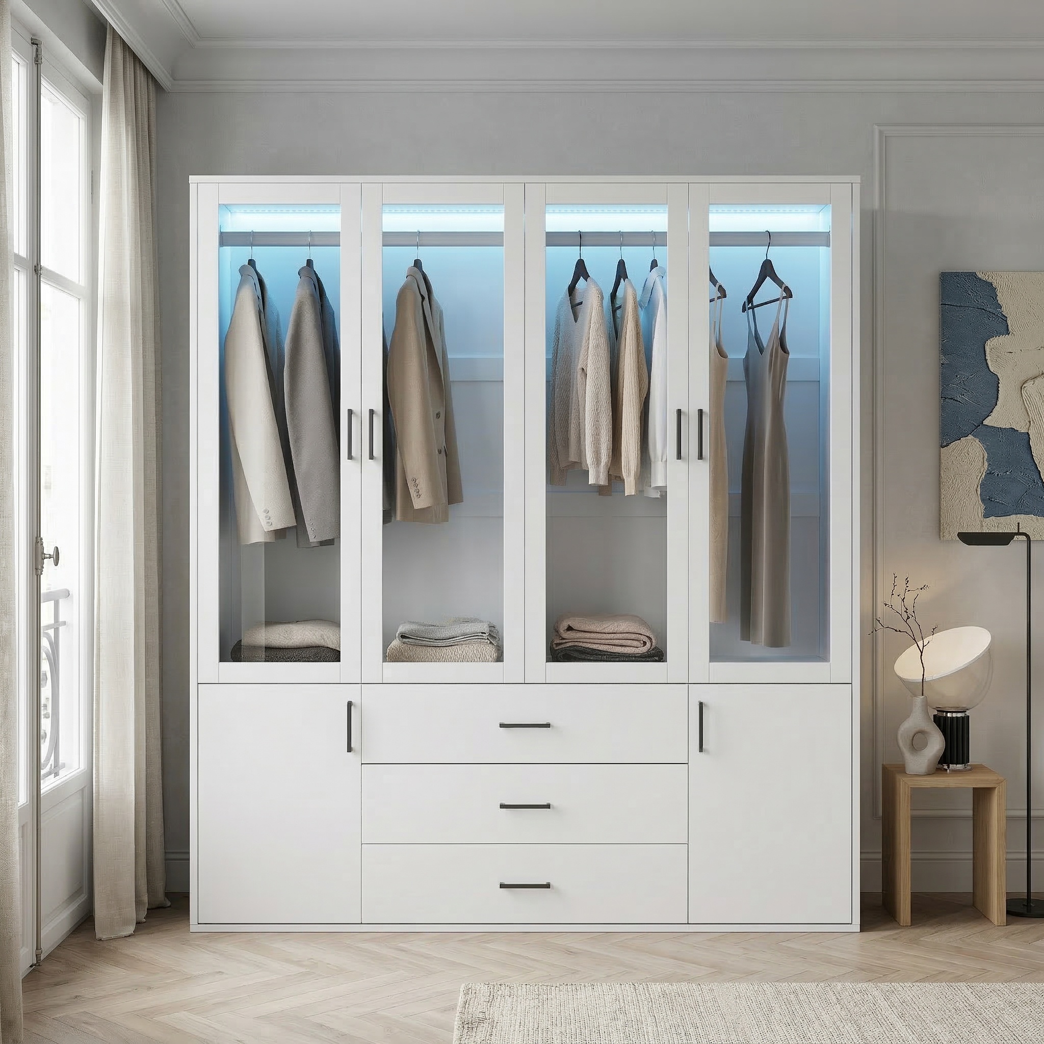 Armoire Chambre Blanche, Bois, 60x51.8x182 Cm, Penderie Avec Éclairage Led Et 4 Portes Vitrées, Dressing Avec 3 Tiroirs, Style Scandinave Moderne, Blanc