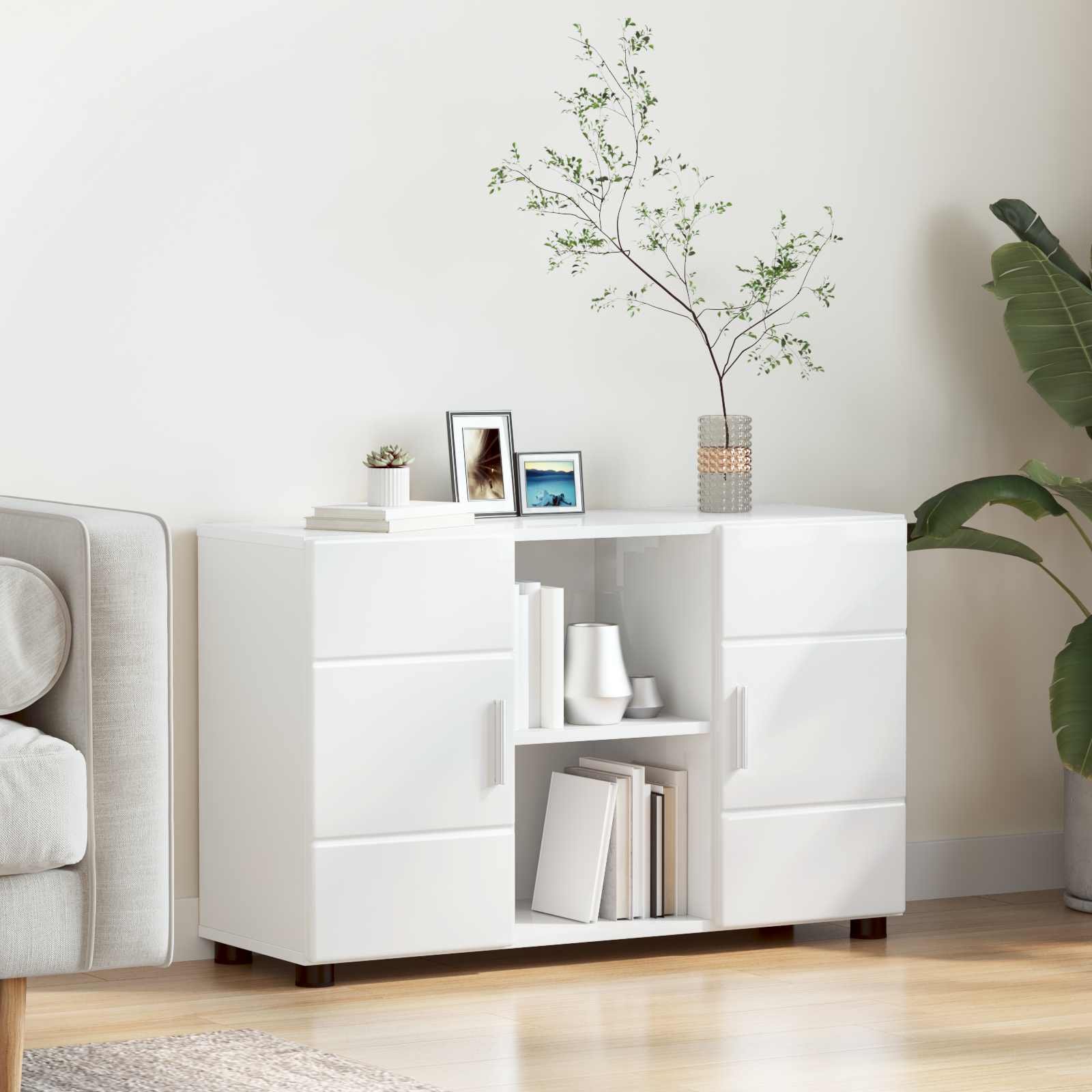 Buffet 2 Portes Avec 3 Étagères En Bois D’ingénierie Blanc Brillant