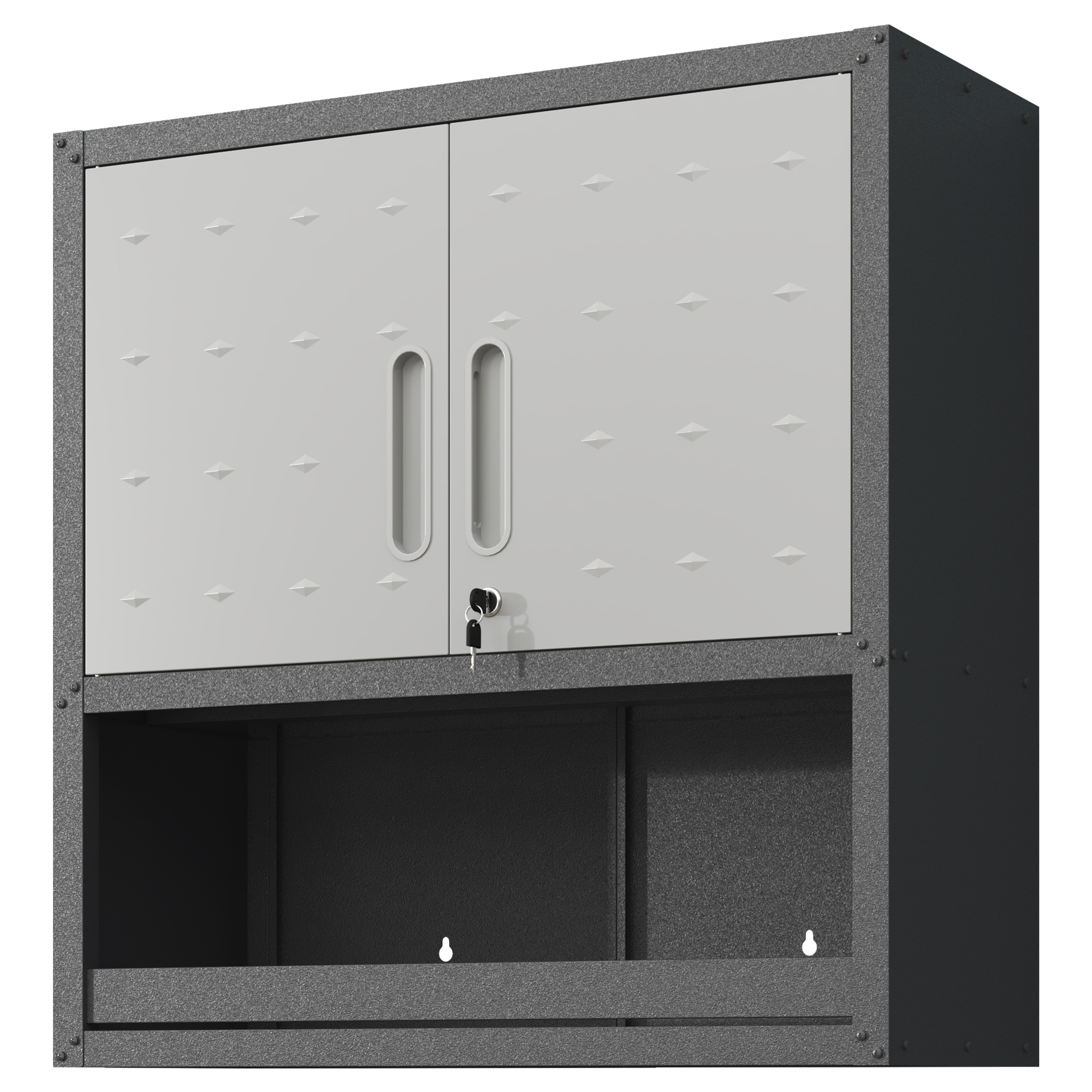 Armoire murale verrouillable en métal, 75 × 77 × 30 cm, tiroir ouvert, noir et gris
