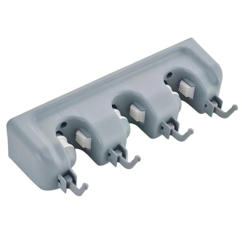 Porte-balais mural et organisateur d'outils de jardin, 4 crochets et 3 compartiments, gris