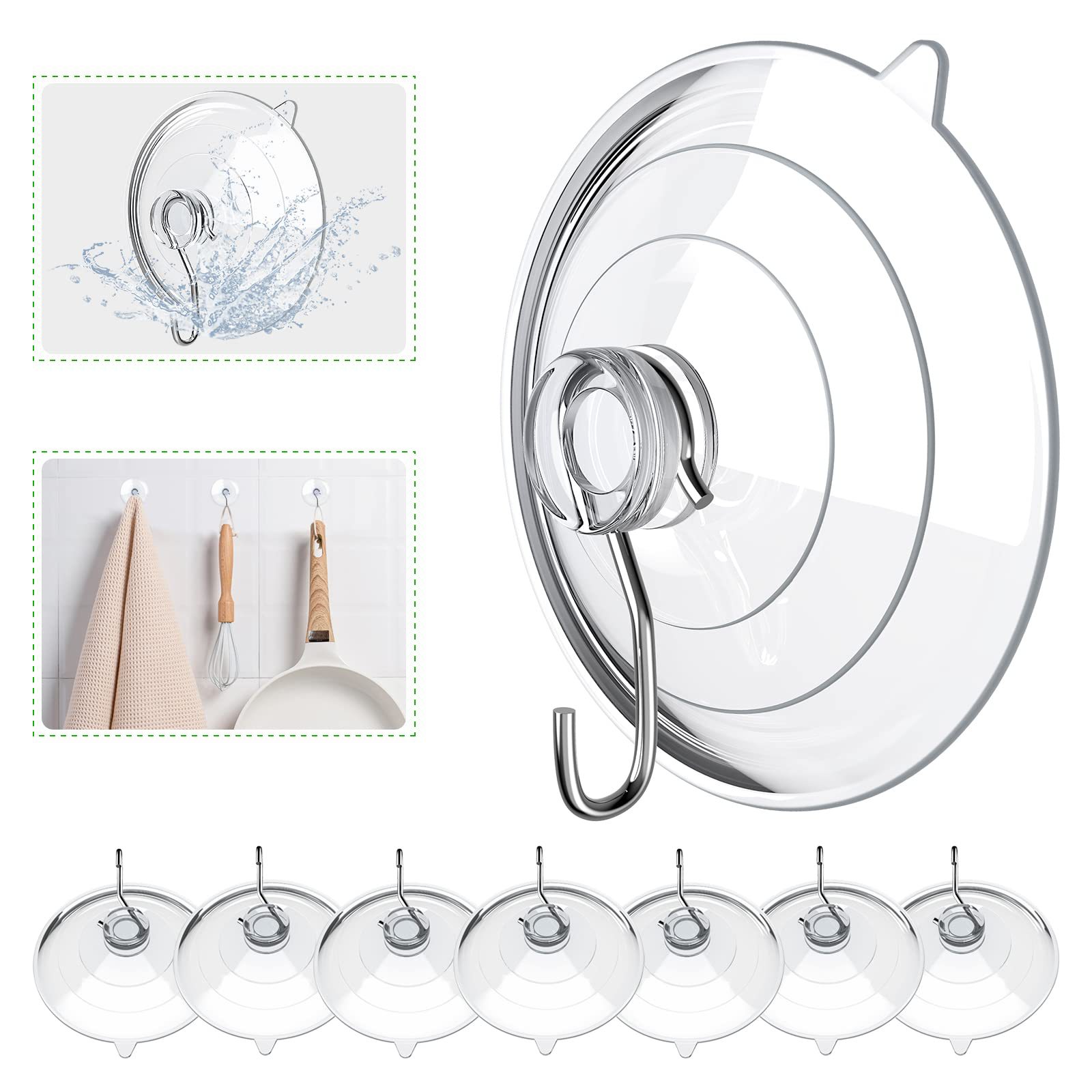 Crochets à ventouse en PVC transparent avec crochet métallique, fixation adhésive, lot de 8