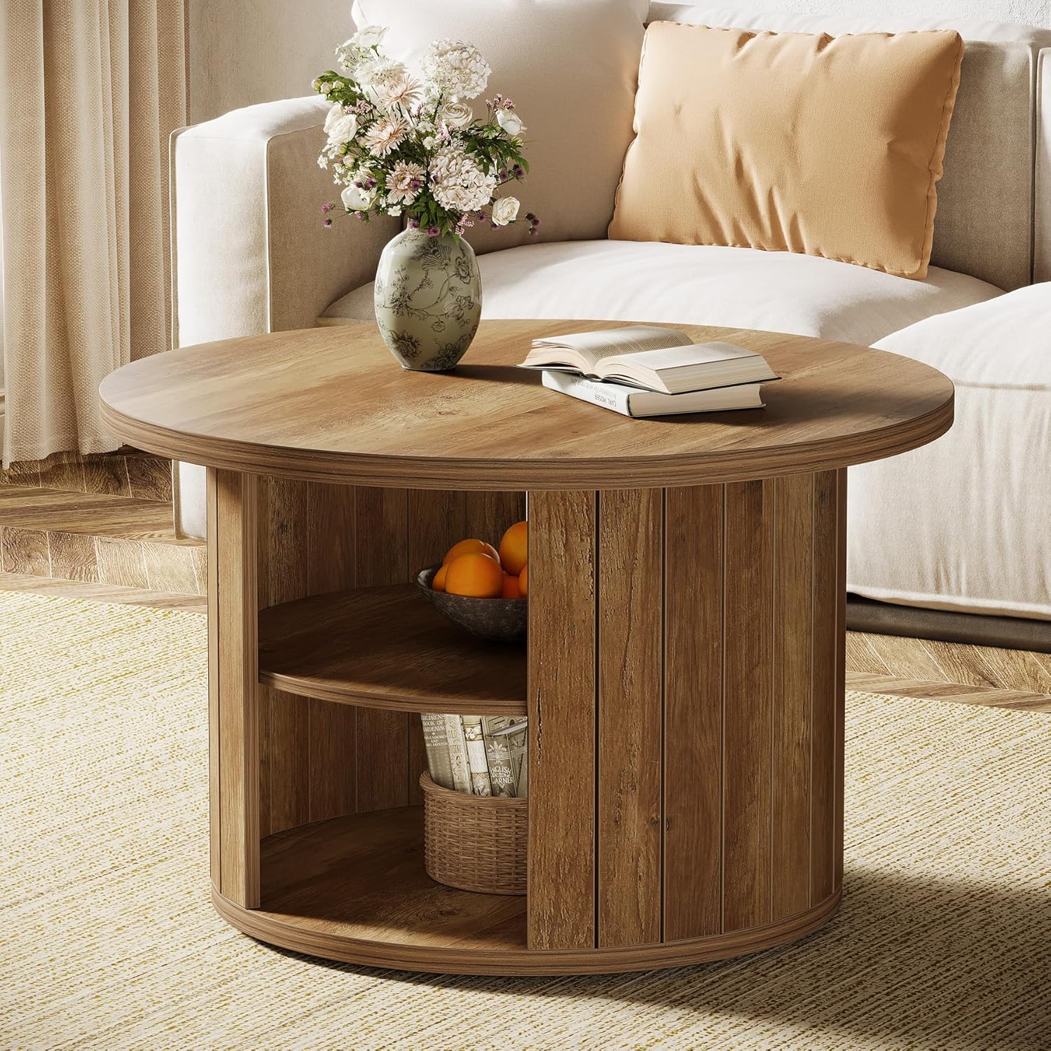 Tribesigns – Table Basse Ronde 80 Cm – 2 Niveaux De Rangement – Bois