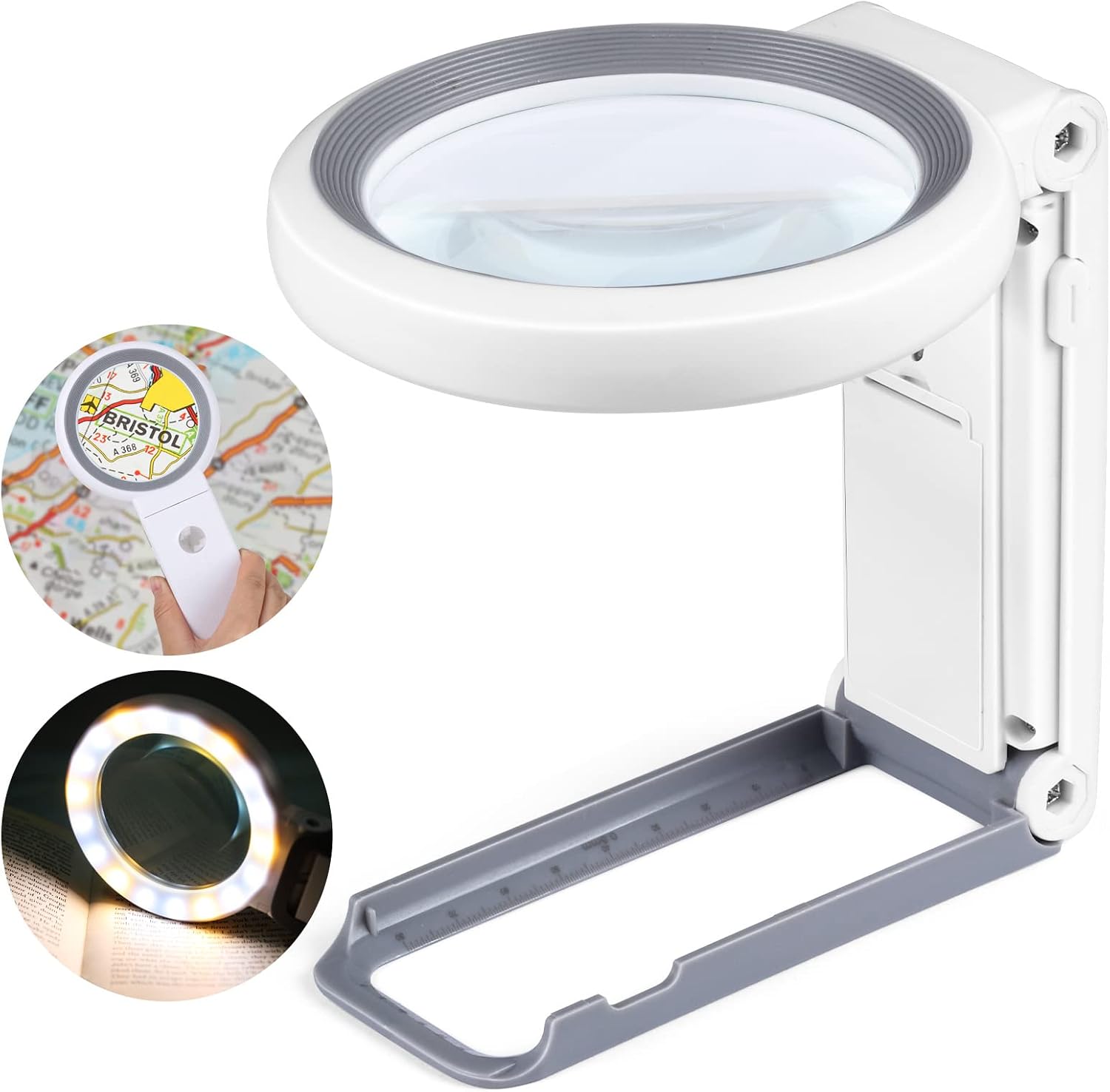 Loupe de poche pliable 10x et 30x avec 18 LED, support sur pied, verre 8,1 cm et acrylique 2,1 cm