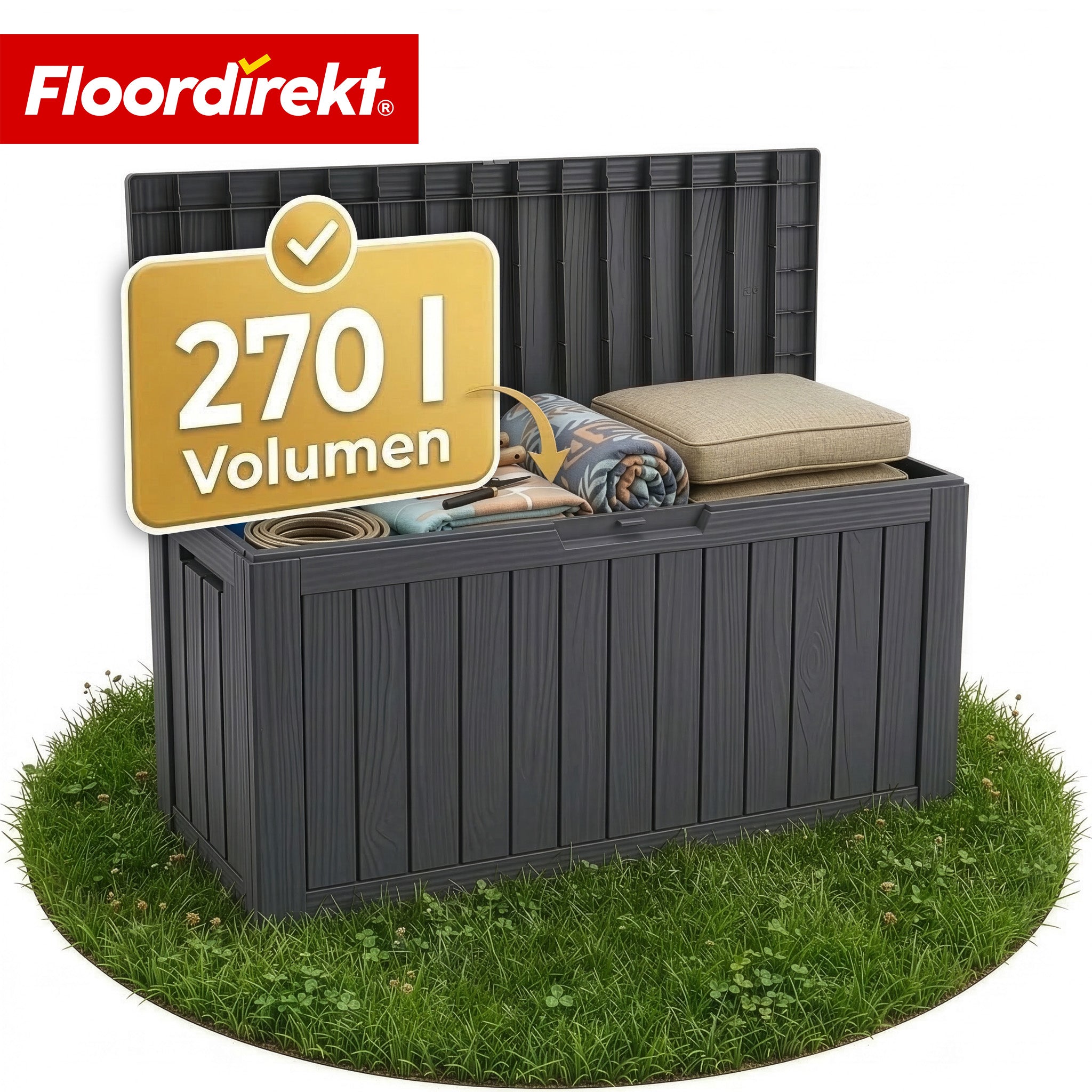 Floordirekt Gartenbox In Holz-optik Wetterfeste Kissenbox Für Terrasse & Balkon Anthrazit 117 X 53 X 55 Cm (270 L)