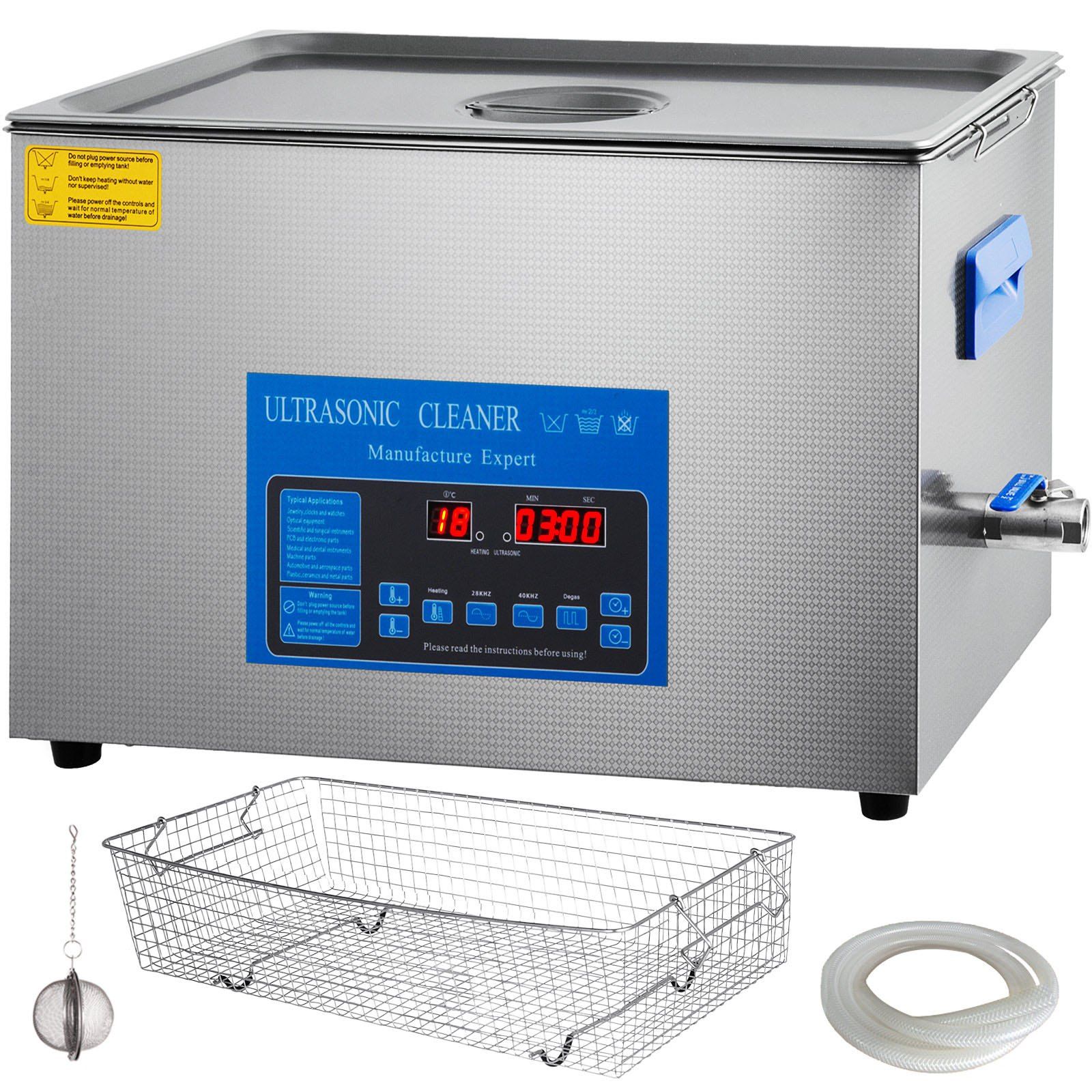Nettoyeur à ultrasons 22 L double fréquence 28/40 kHz en acier inoxydable SUS304, chauffe 0-80 °C, minuterie 0-30 min, panier et couvercle inclus