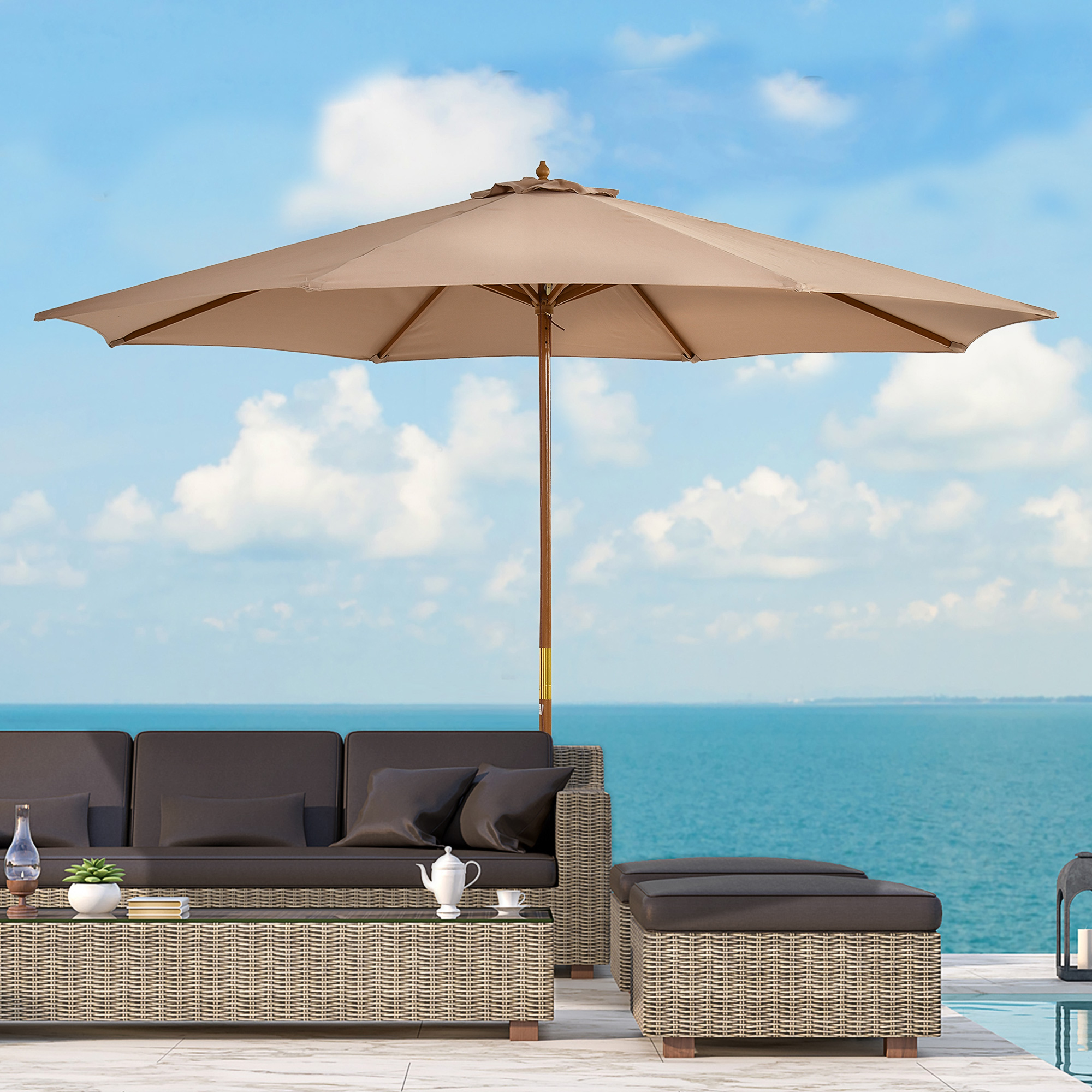 Parasol D'Extérieur Ø300 Cm Avec Toit Ventilé Et Mât En Bois Amovible