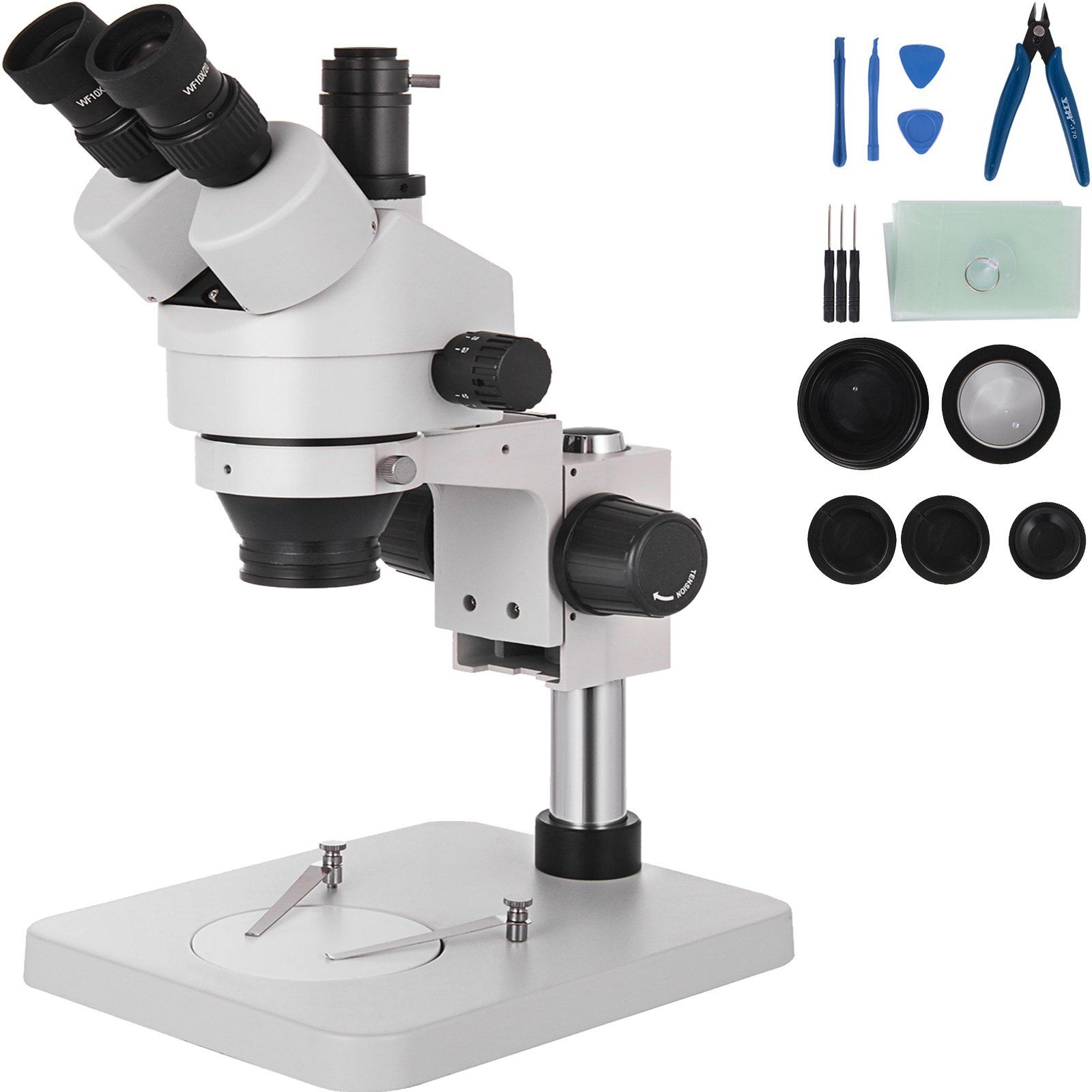 Microscope stéréoscopique trinoculaire zoom 3.5x-90x, tête rotative 360°, port caméra, support à colonne