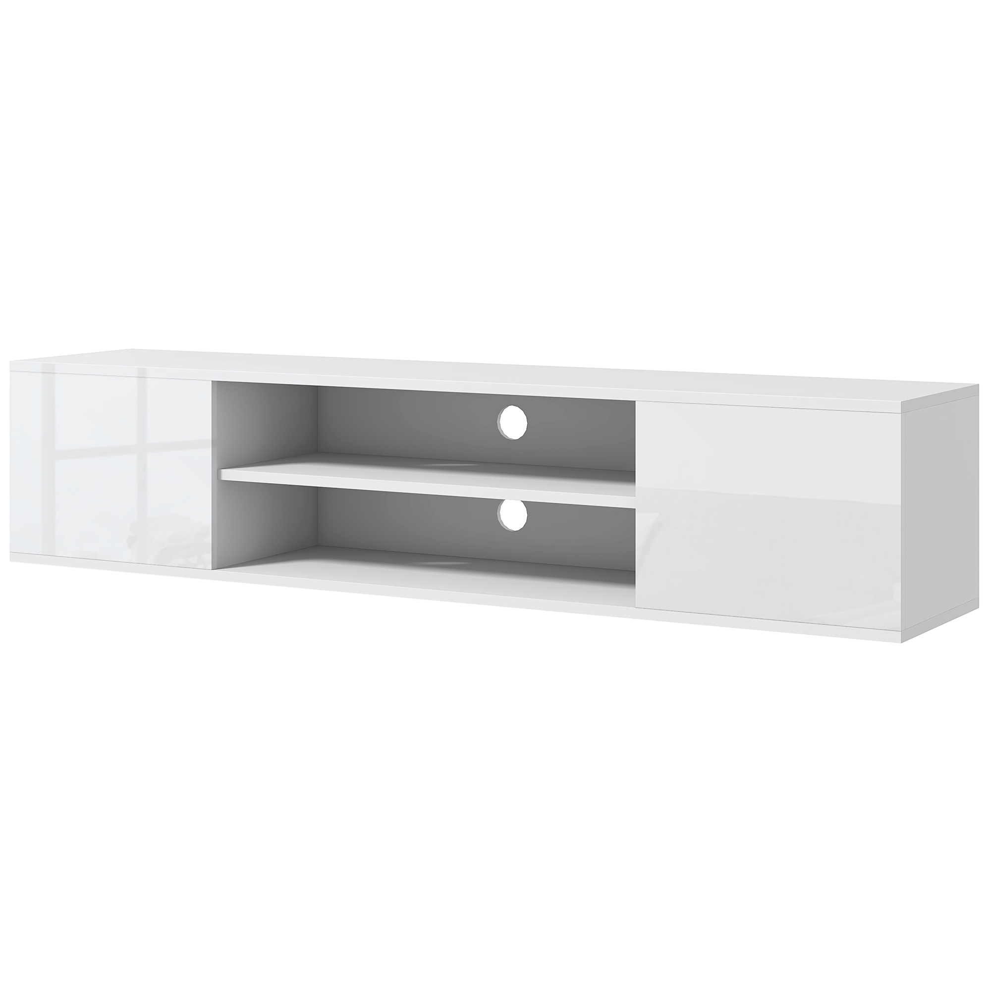 Meuble Tv Mural Suspendu Contemporain Blanc 140x30x30 Cm Avec 2 Placards