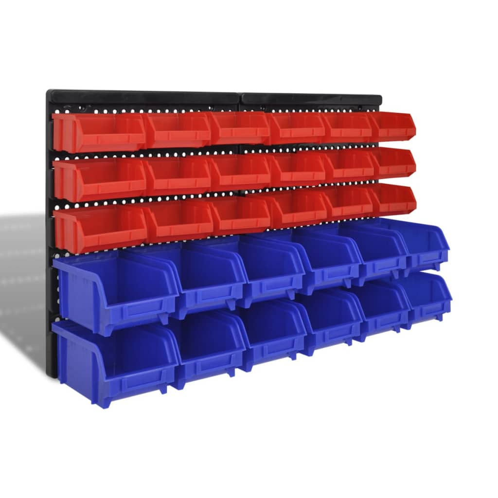 Panneau mural de rangement 30 bacs amovibles polypropylène, 18 petits rouges 1 kg et 12 grands bleus 1,5 kg, 650 x 380 mm