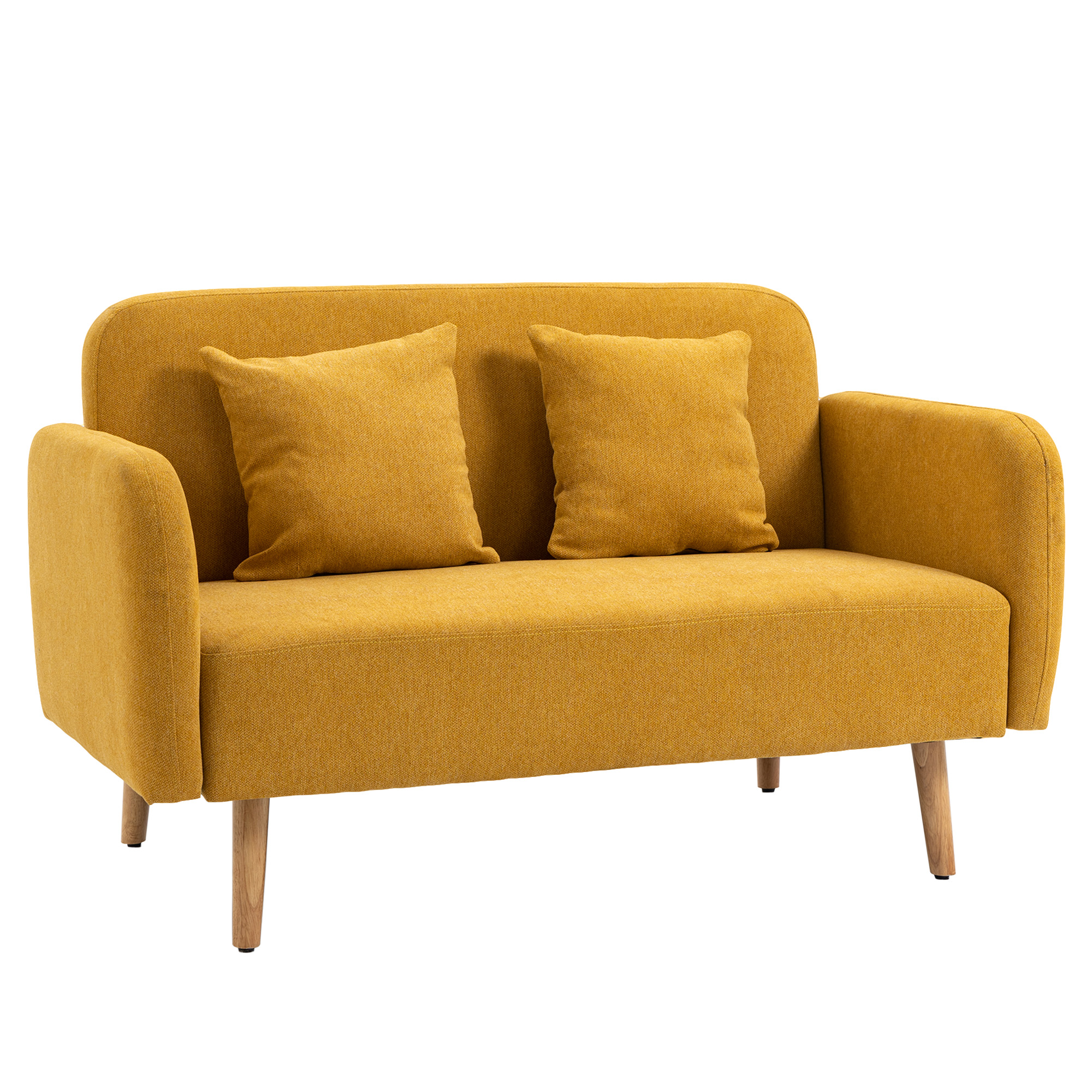 Homcom - 2 Sitzer Sofa, Couch Mit 2 Wurfkissen, Gepolsterter Doppelsofa, Polstersofa Mit Samtopik, Armlehne, Loveseat Für Wohnzimmer, Schlafzimmer, 130 X 70 X 80 Cm, Gelb