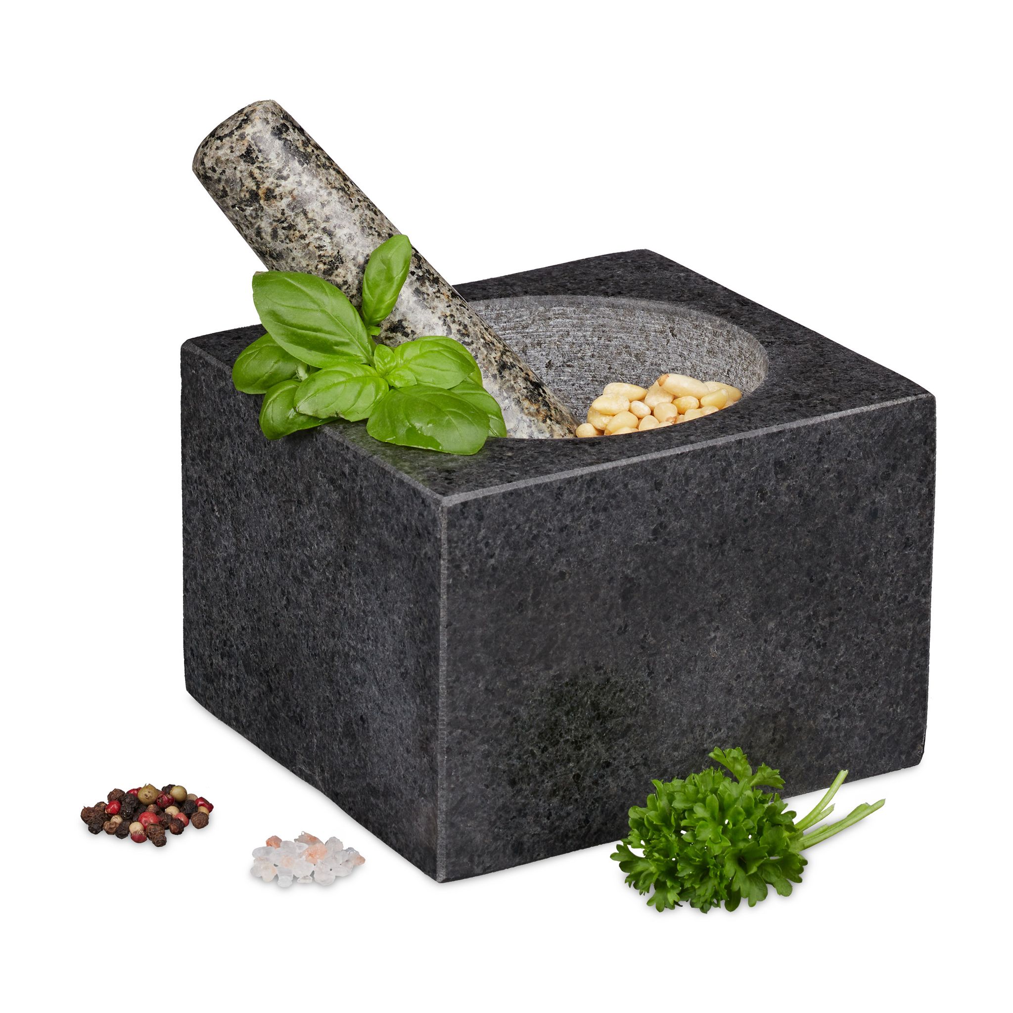 Mortaio E Pestello, In Granito, Erbe E Spezie, Volume: 500 Ml, Pietra Lucida, Lxp: 14,5x14,5 Cm, Grigio Scuro - Relaxdays