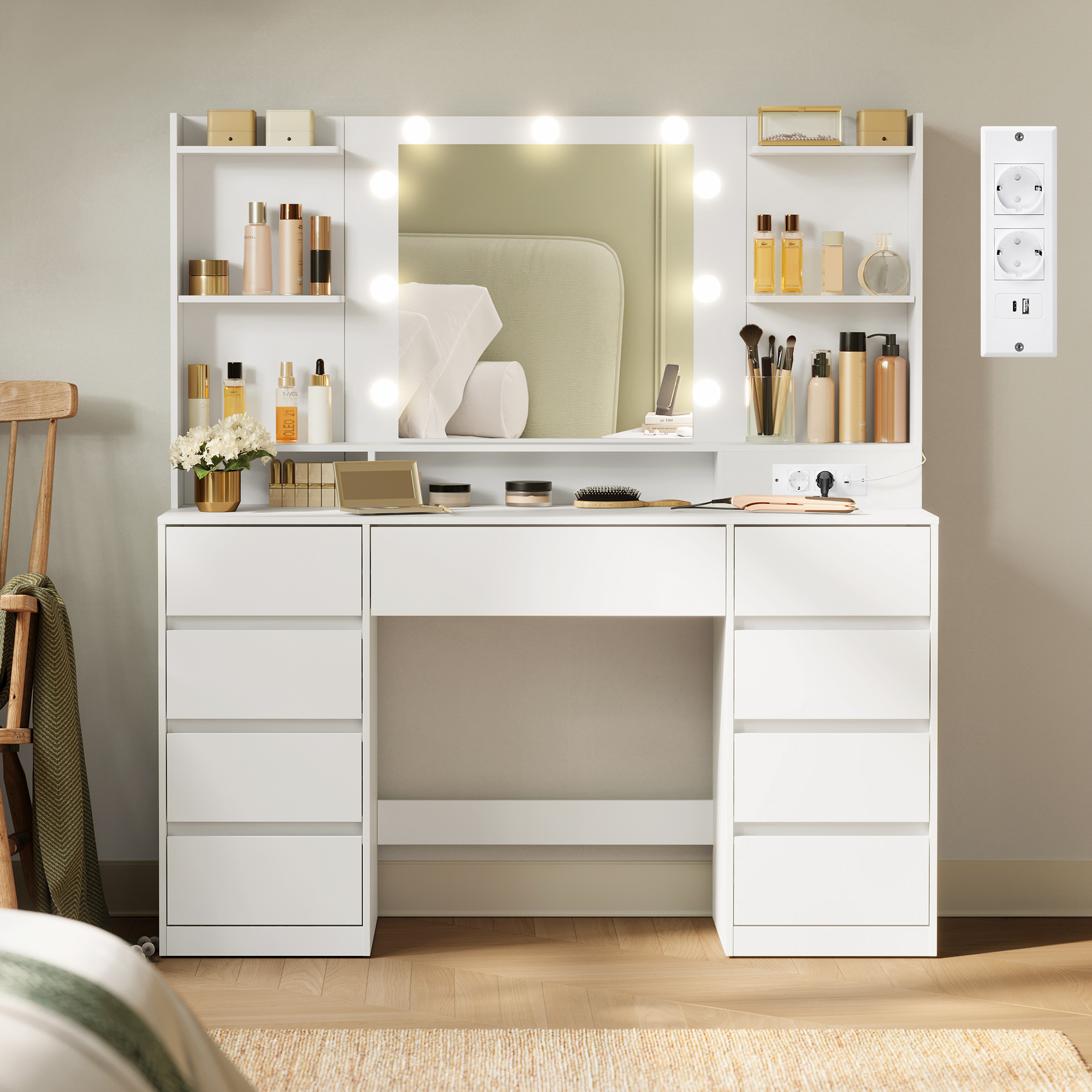 Vasagle – Coiffeuse Enfant Avec Miroir Led – 9 Tiroirs Et 8 Compartiments – Éclairage 3 Couleurs – Dimensions 40x107x144 Cm – Multiprise Intégrée