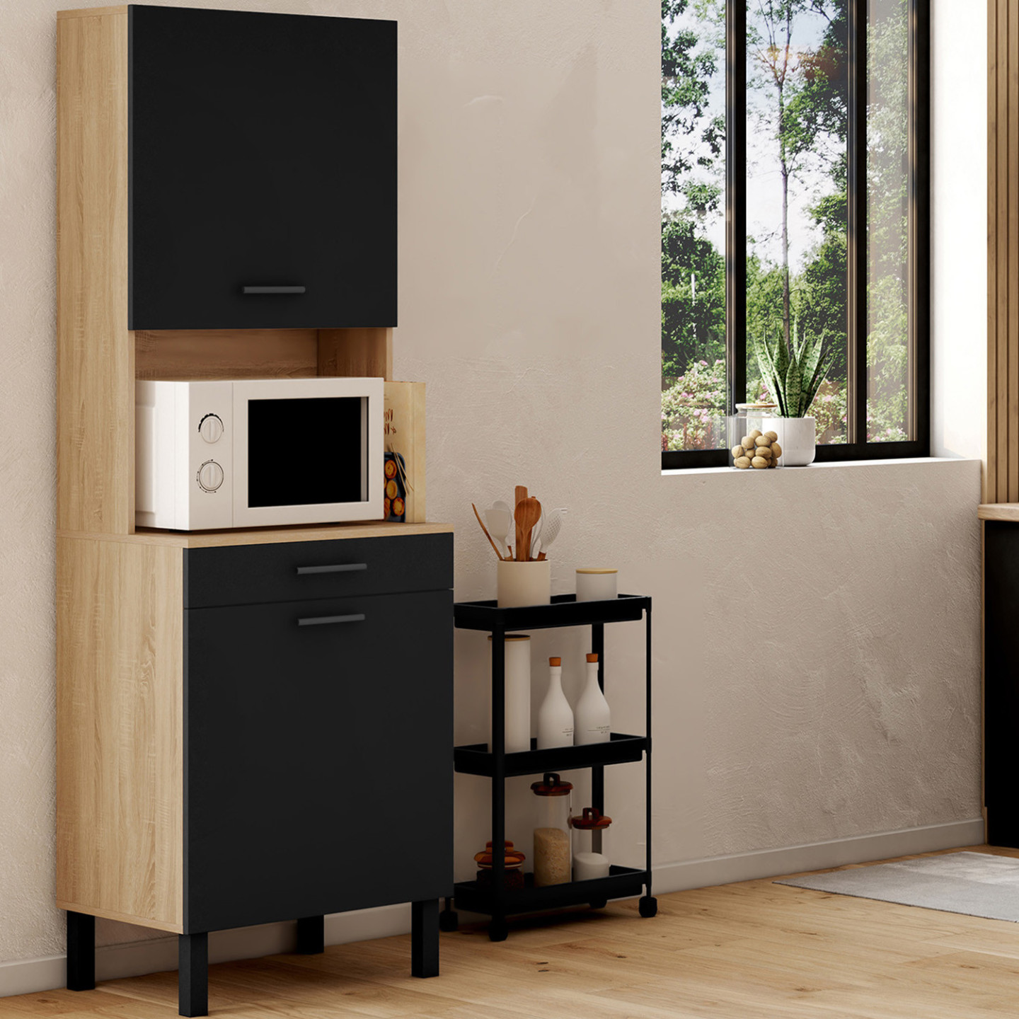 Buffet De Cuisine 60 Cm Cina 2 Portes + Tiroir Façon Hêtre Et Noir