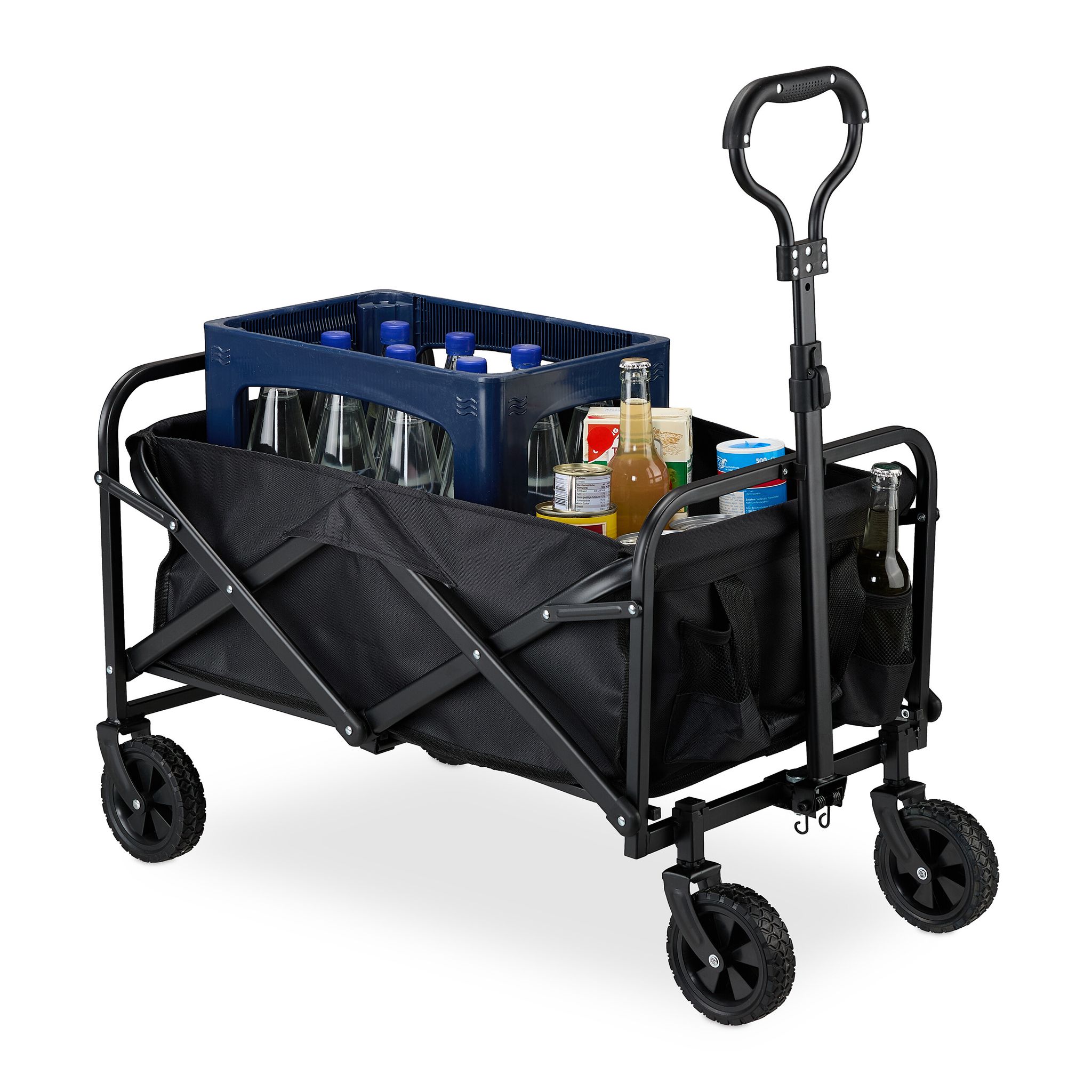 Relaxdays - Folding Festival Trolley, Holds 100 Kg, Beach & Camping Cart, Extendable Handle, Rubber Wheels, Wagon, Black