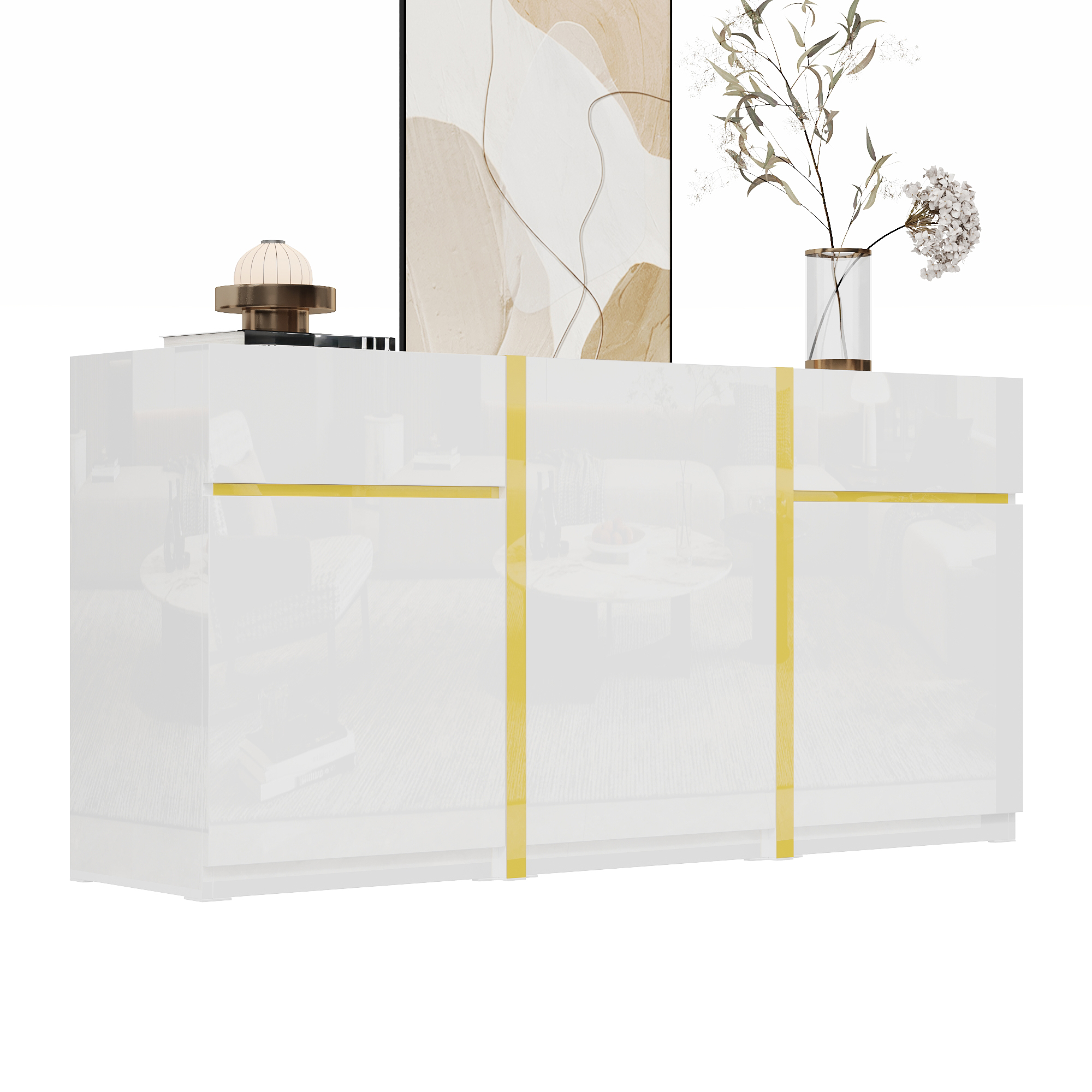 Stilvora Sideboard Mit 3 Turen Und 2 Schubladen, Verstellbaren Einlegeboden, Hochglanz, Aus Mdf Und Spanplatte, 160x40x78 Cm, Weiss