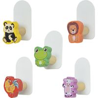 Crochet adhésif en forme d'animaux, métal peint et bois massif, sans perçage, lot de 5