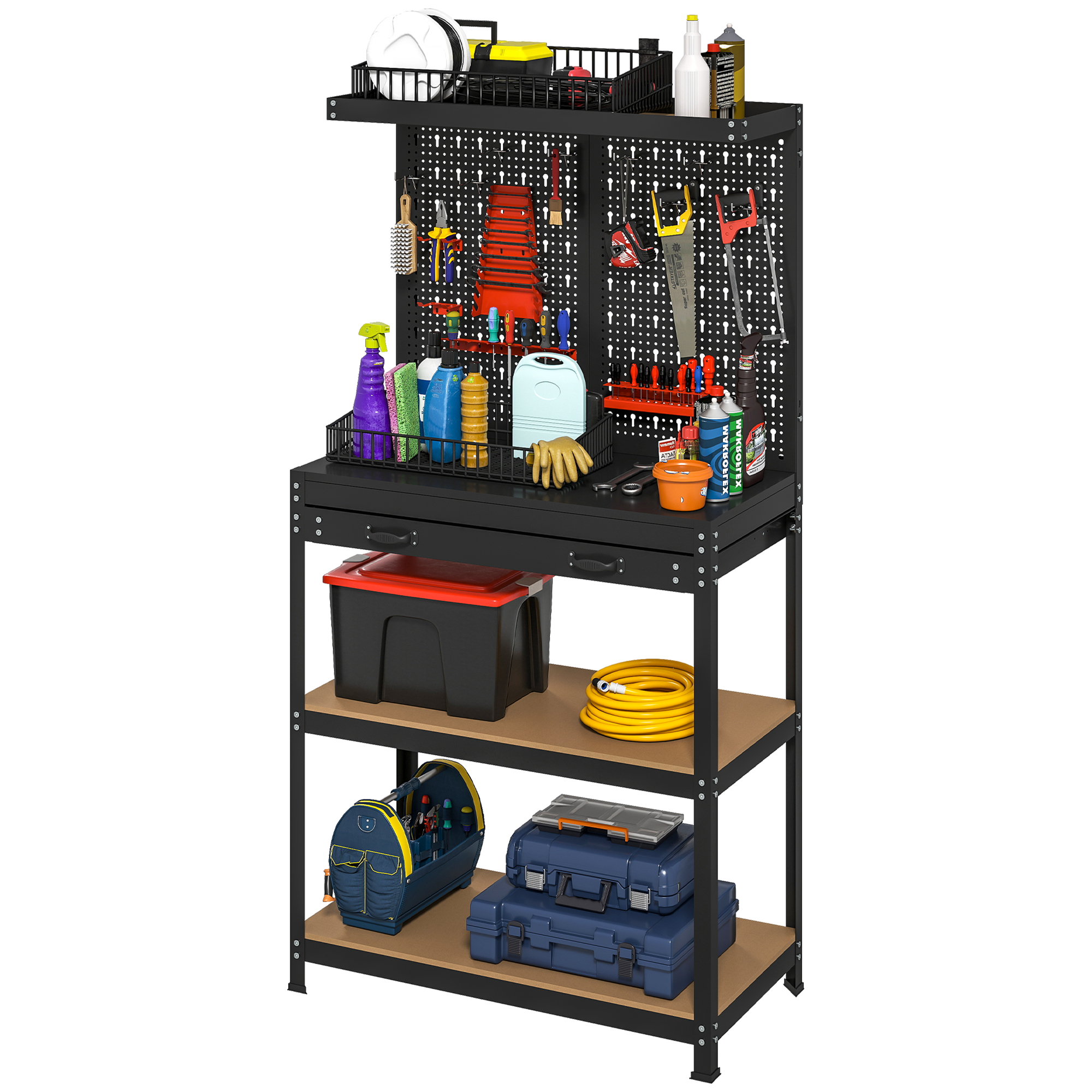 Établi d'atelier avec panneau perforé, 14 kits de suspension, 2 étagères et tiroir, 80x40,5x155 cm, noir