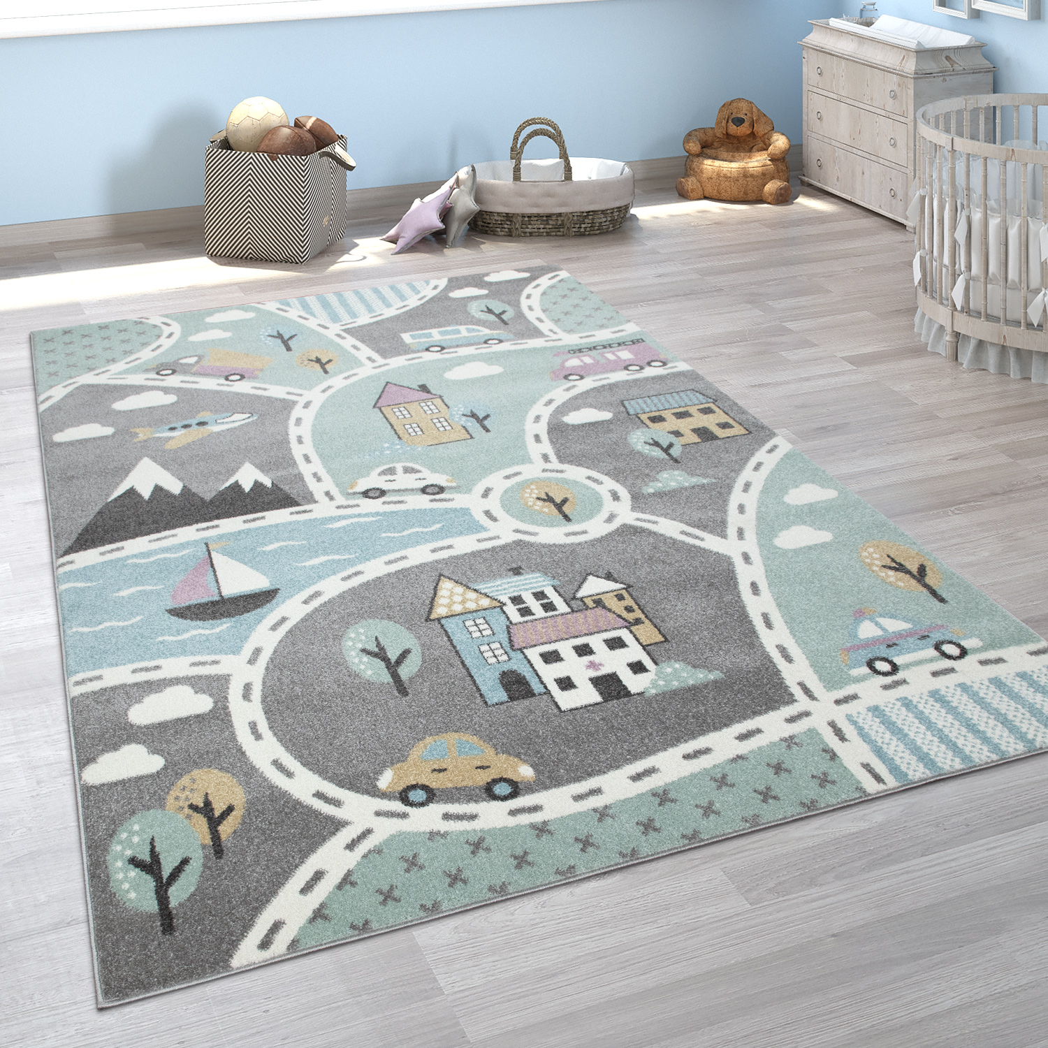 Paco Home - Kinder-teppich Mit Straßen-motiv, Spiel-teppich Für Kinderzimmer, In Grün Grau Ø 200 Cm Rund