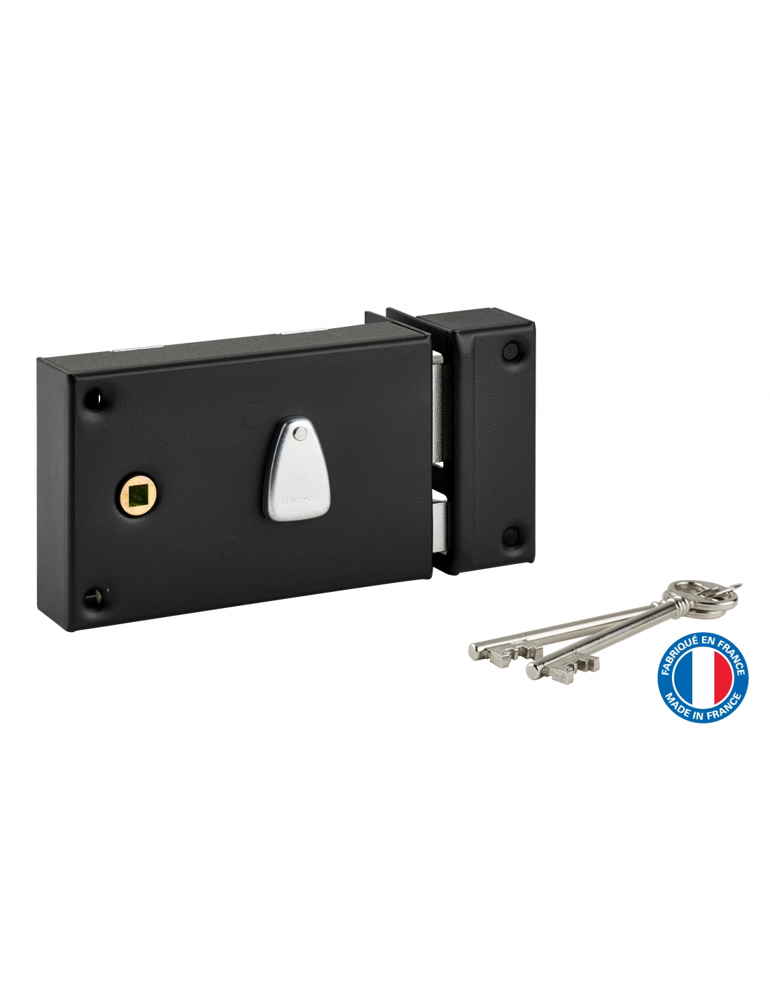 Serrure Horizontale En Applique À Clé À Fouillot Pour Portail, Droite, Axe 56mm, 140x82mm, Noir, 2 Clés - Thirard