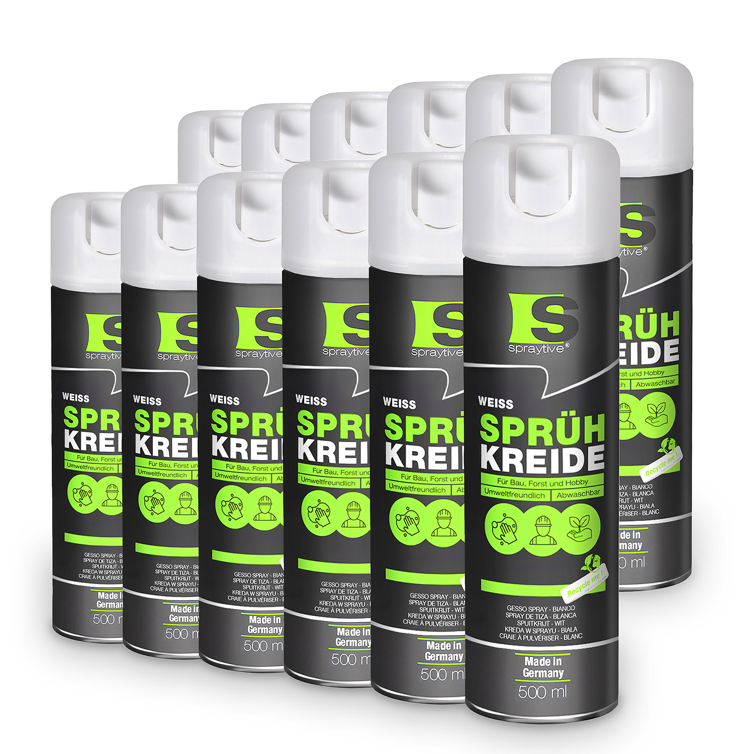 Spraytive 12x 500ml Sprühkreide Weiß - Abwaschbare Leuchtende Kreidefarbe, Outdoor Kreidespray, Bodenmarkierung, Temporäres Markierungsspray
