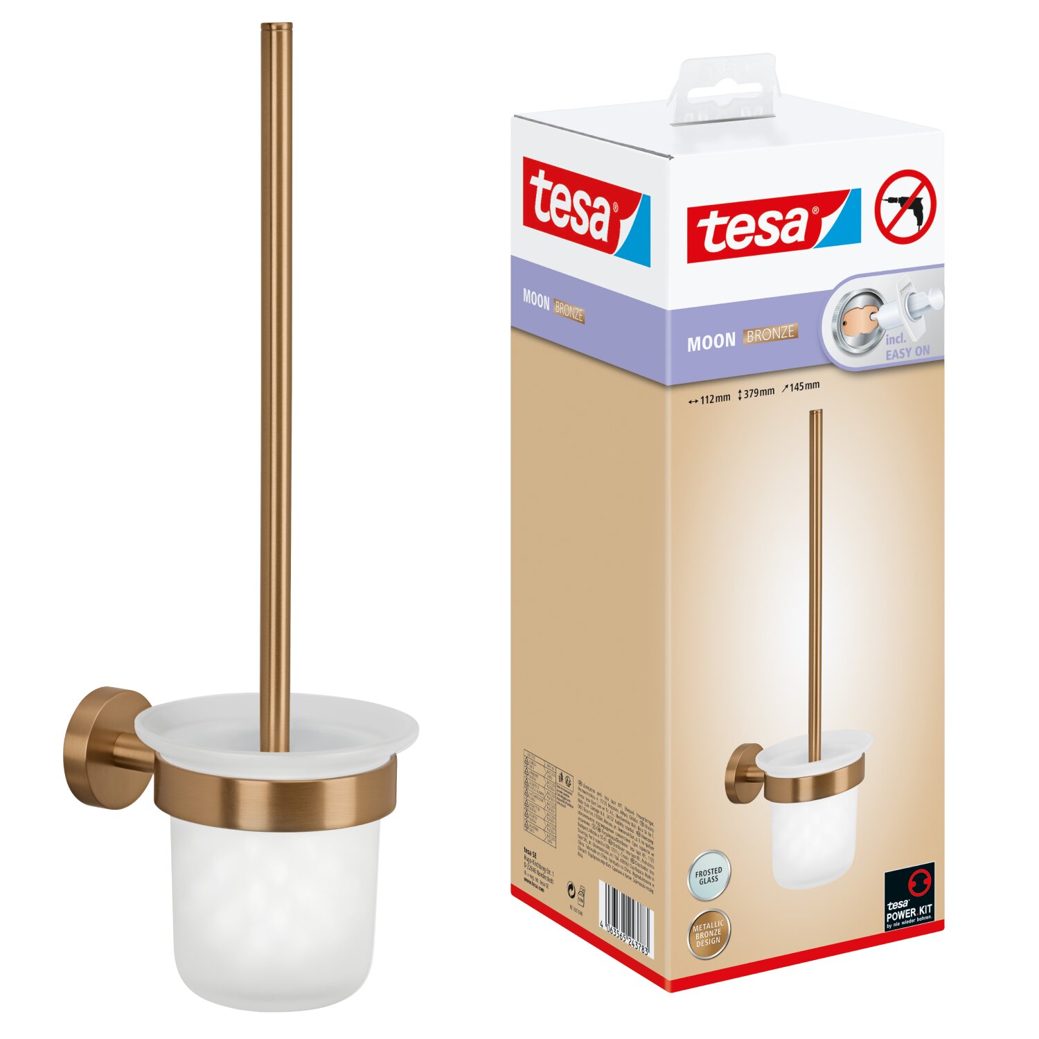 Moon Wc-garnitur, Set Mit Halter & Wc-bürste In Gebürsteter Bronze, Mit Satiniertem Glas - Selbstklebend, Aus Pvd-beschichtetem Metall - Ohne Bohren, Inkl. Klebelösung - 379 Mm X 112 Mm X 145 Mm - Tesa