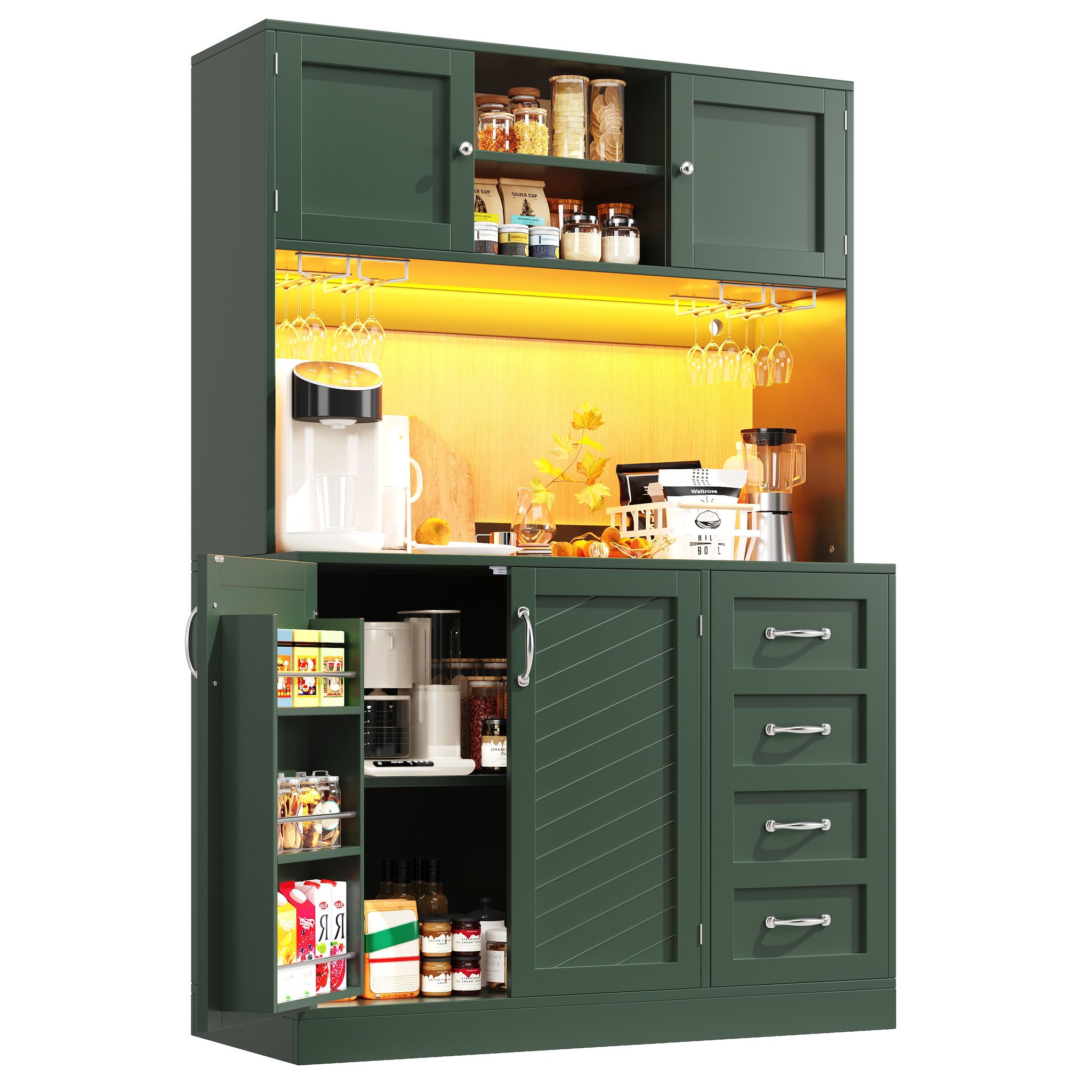 Stilvora Küchenbuffet Mit 4 Türen Und 2 Schubladen, Led Und Getränkehaltern, Aus Mdf, 120 X 40 X 188 Cm, Grün