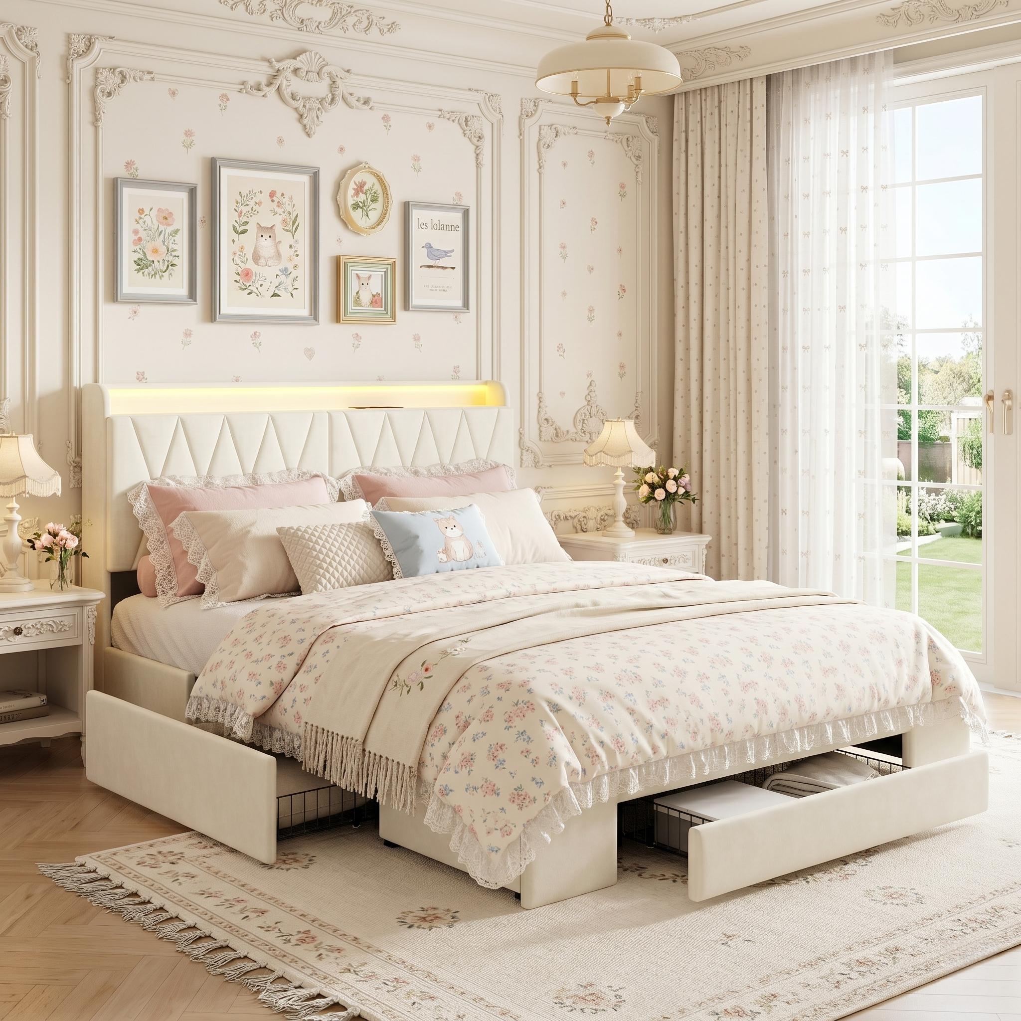 Lit Avec Tiroirs 140x190 Cm Velours Beige