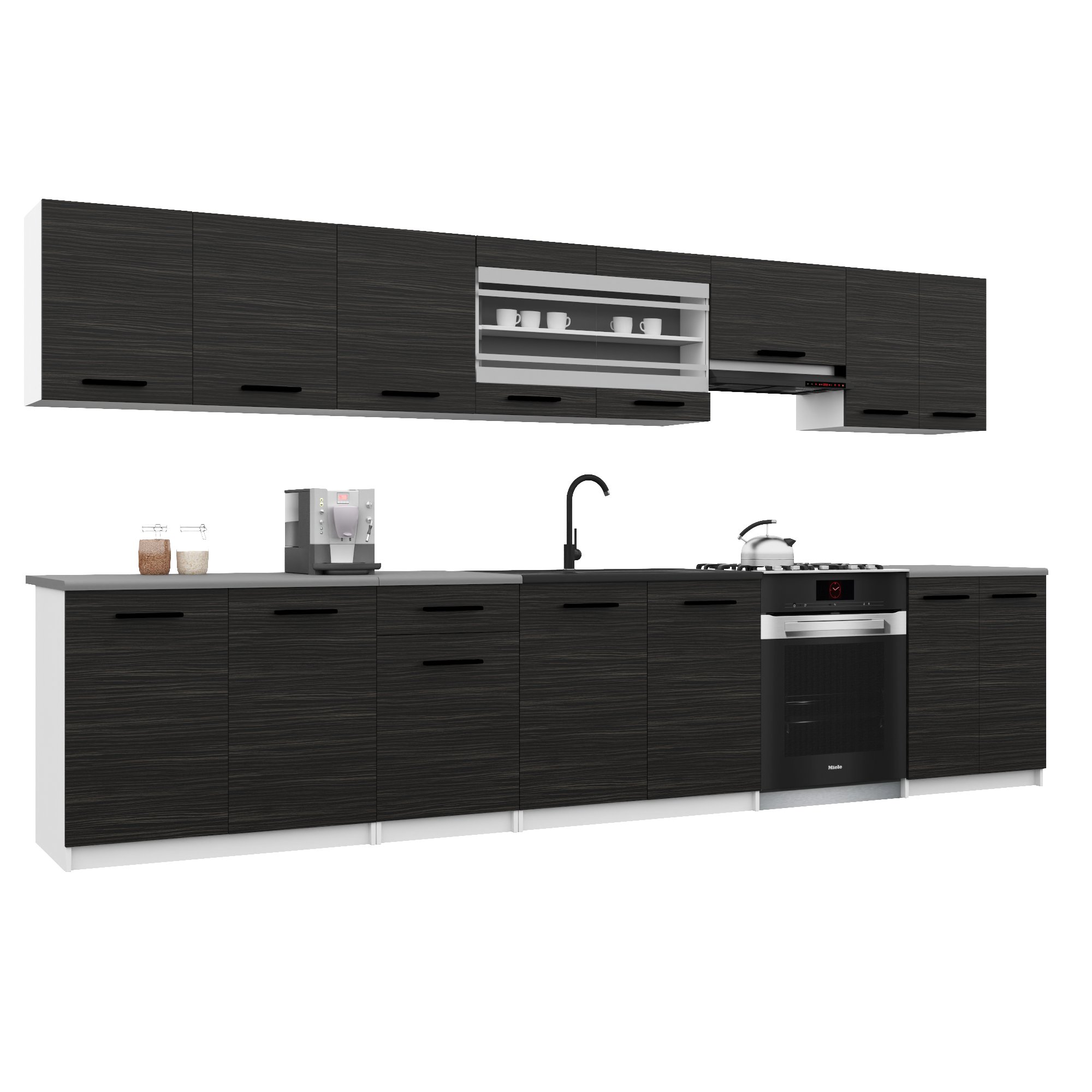 Belini Italia 3 Cuisine Equipée Modulaire Complète - 320 Cm. Meubles Hauts Bas Avec Plan De Travail, Ébène