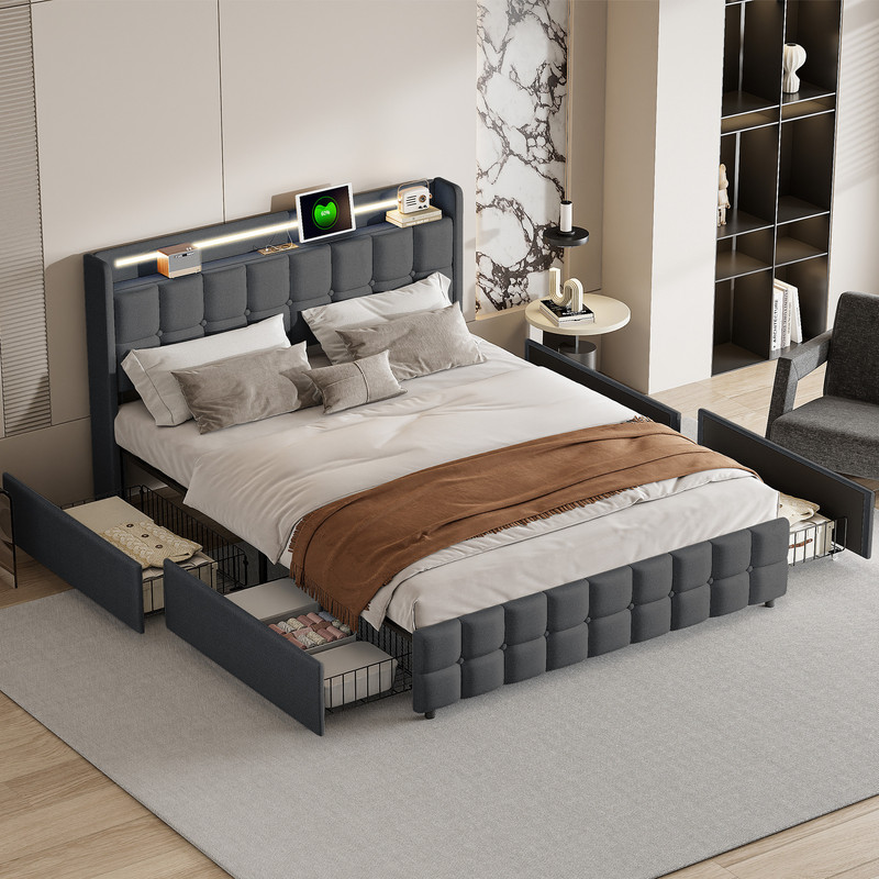 Lit 160 X 200 Cm Avec Sommier,lit 2 Personnes Avec Led Et Usb,lit