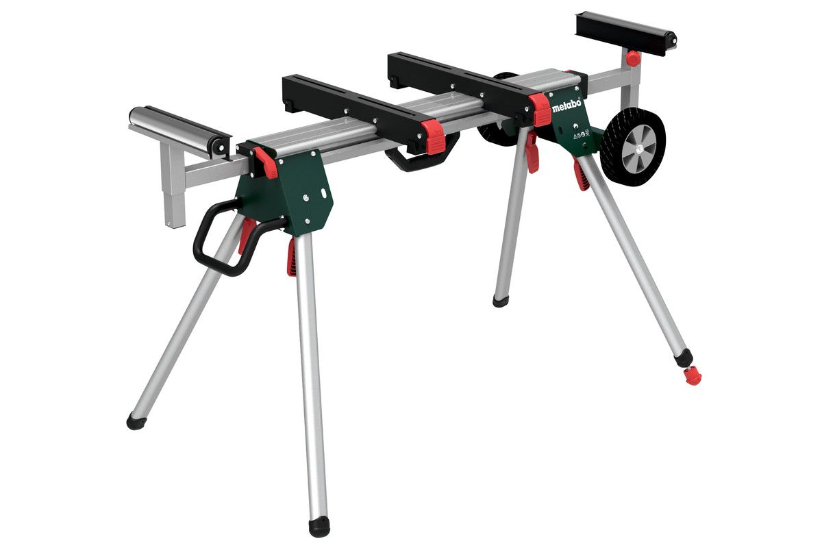 Socle pour scie à onglets avec fonction trolley, charge 250 kg, supports escamotables, 127-250 cm