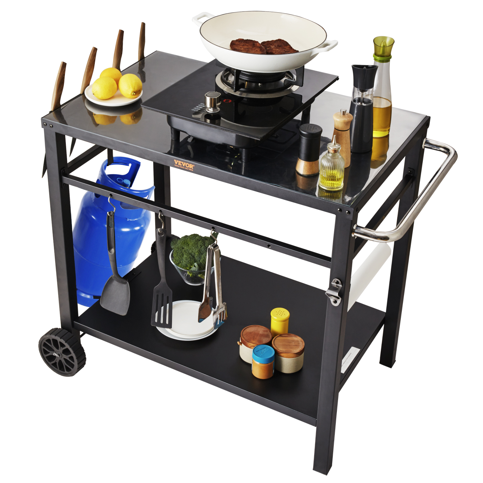 Vevor Desserte Plancha A 2 Niveaux Chariot De Barbecue Avec Grand Plan De Travail Table De Barbecue Sur Roulettes Pour Four A Pizza Preparation De Cuisine Bbq Jardin Patio Exterieur 85 X 55 X 83,5 Cm