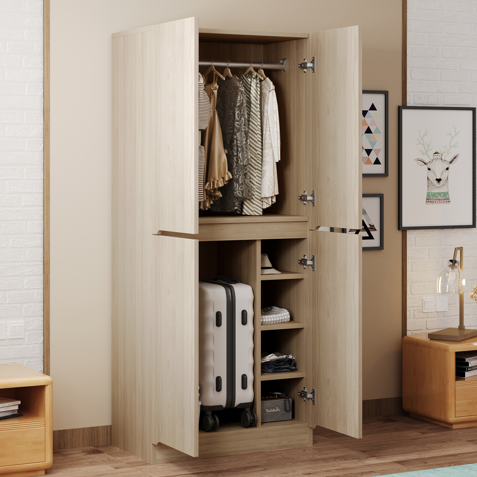 Stilvora Kleiderschrank Mit 2 Türen, Kleiderstange Und Stauraumfächern Für Schlafzimmer Aus Holz, Naturholz, 70 X 40 X 170 Cm