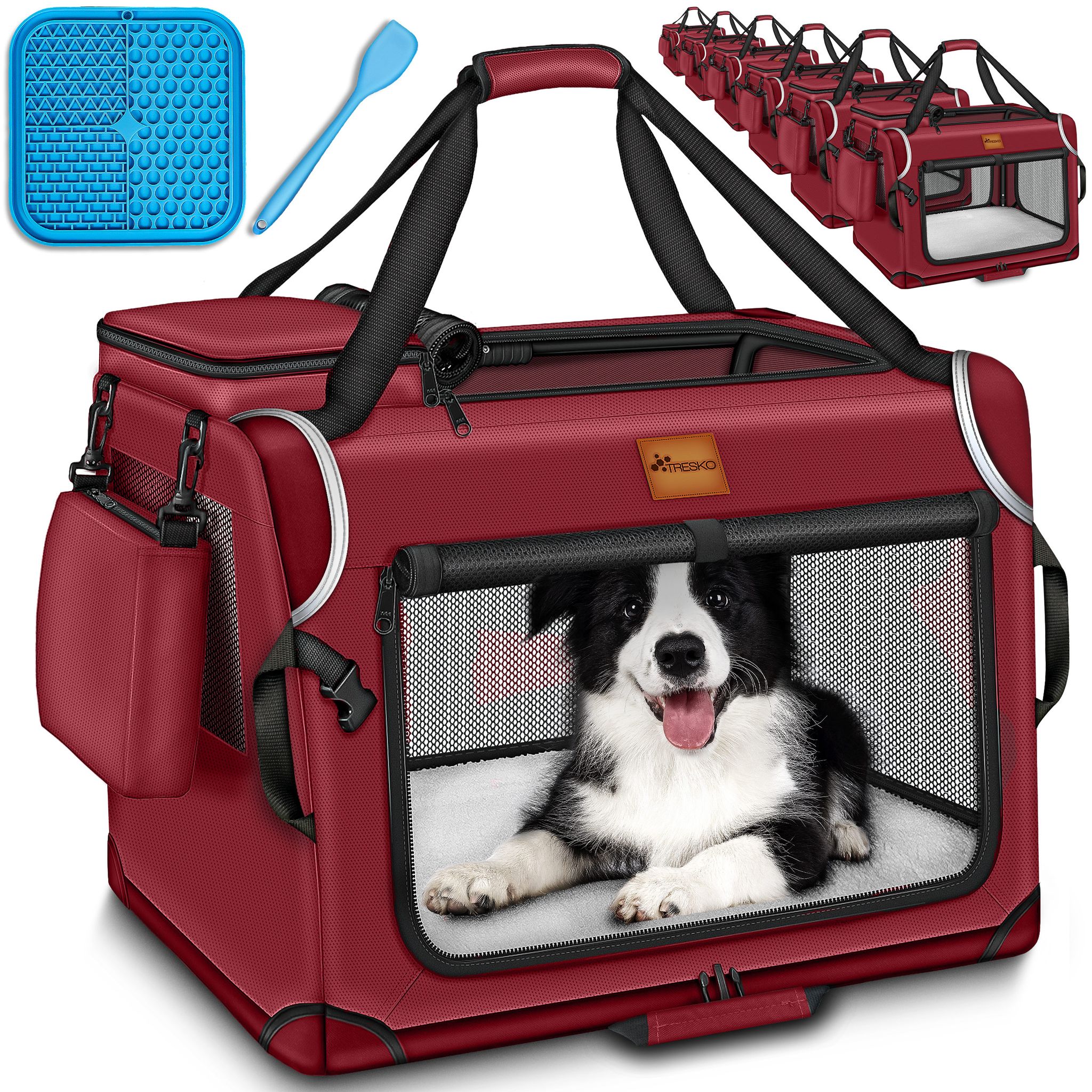 Tresko® Hundebox Faltbar Rot (xxl 92x63x63cm) Inkl. Leckmatte, Spatel & Reflektoren Transportbox Für Hunde Und Katzen Hundetransportbox Für Kleine