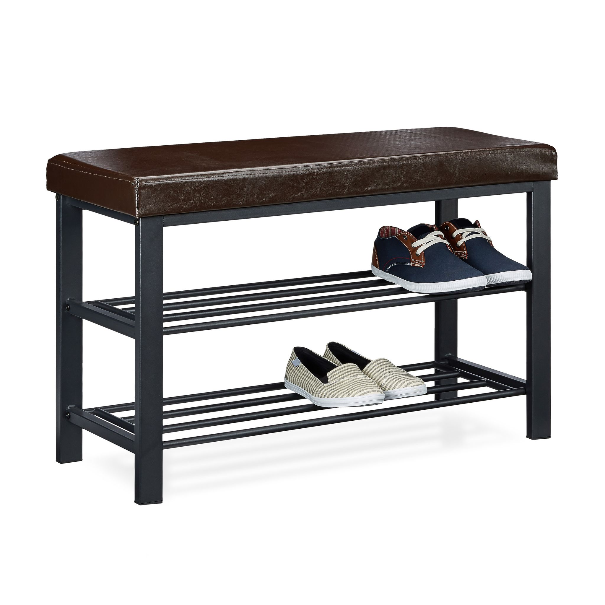 Relaxdays - Shoe Bench, 49 X 81 X 32 Cm Open Shoe Shelves, Padded Seat W/ Faux Leather Cover, For 6-8 Pairs, Backless, Brown