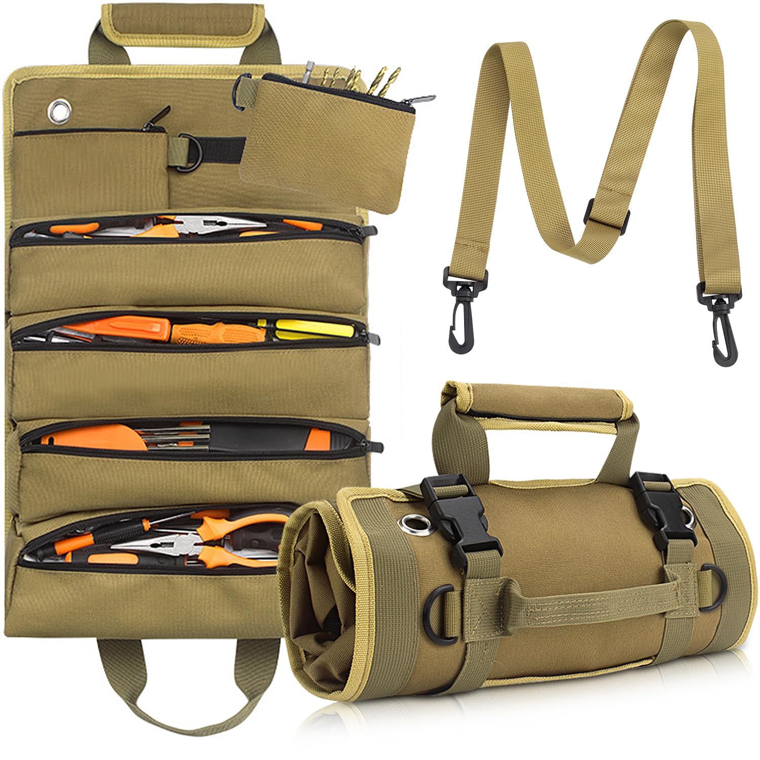 Sac à outils enroulable à 5 poches zippées en tissu oxford, marron, avec boucles de suspension