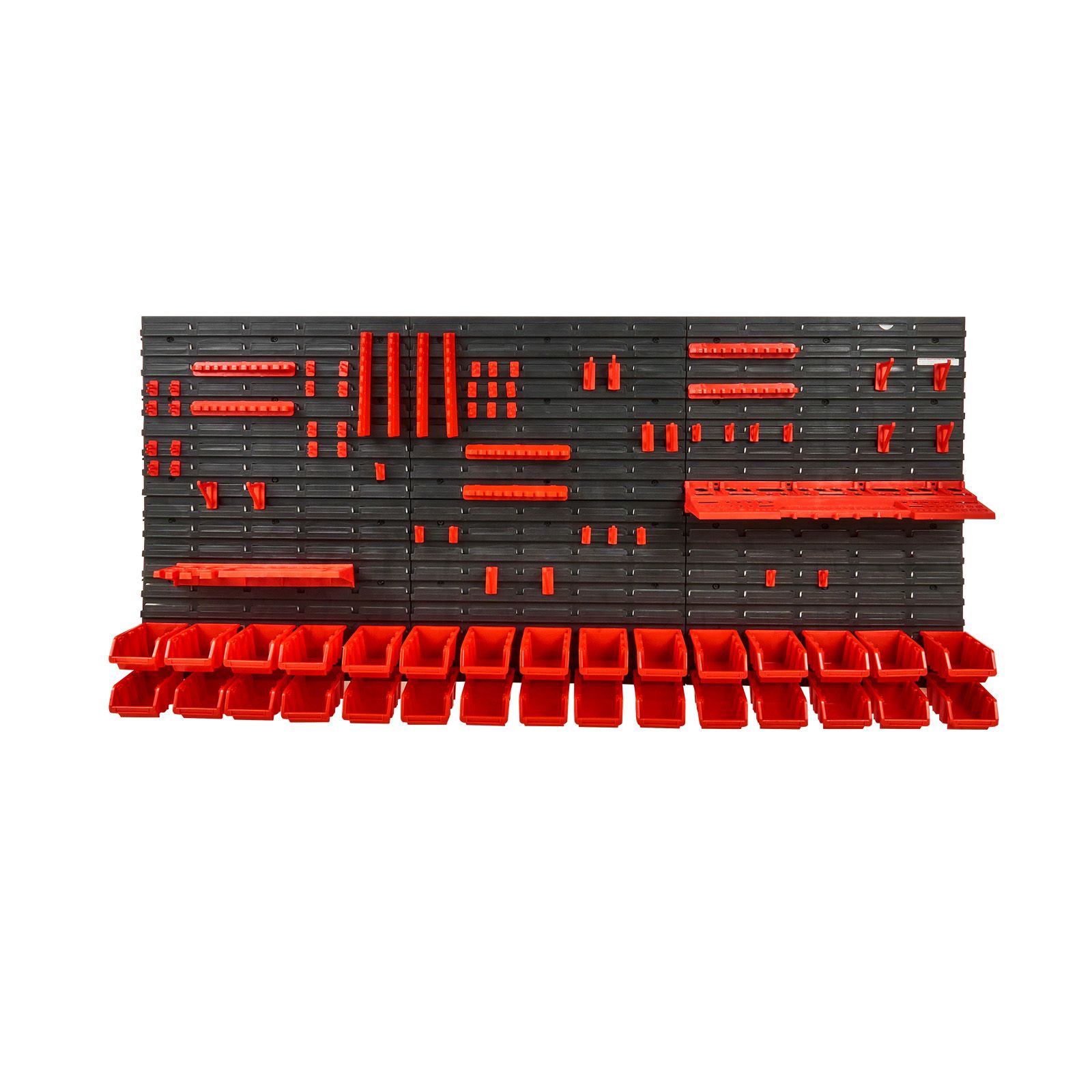 Range mural 30 bacs empilables en polypropylène, panneaux, crochets et porte-outils, noir et rouge