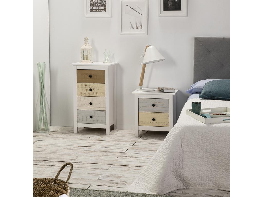 Vs Venta-stock – Table De Chevet En Pin Massif Blanc Lavé – 2 Tiroirs Multicouleurs Avec Guides Métalliques – Dimensions 46x35x49 Cm