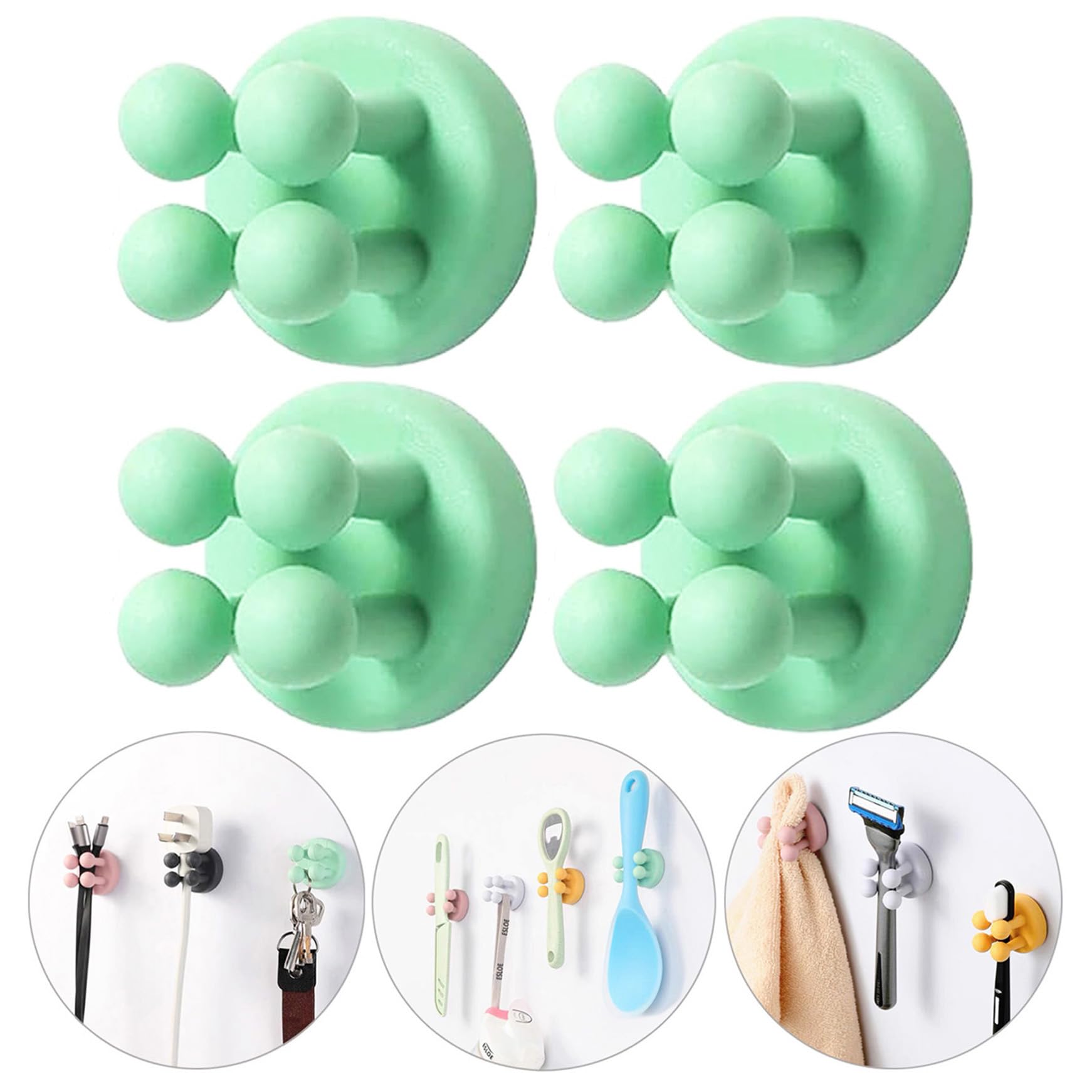 Crochets adhésifs en silicone sans clou, pour brosse à dents, rasoir, serviettes et clés, lot de 4, vert