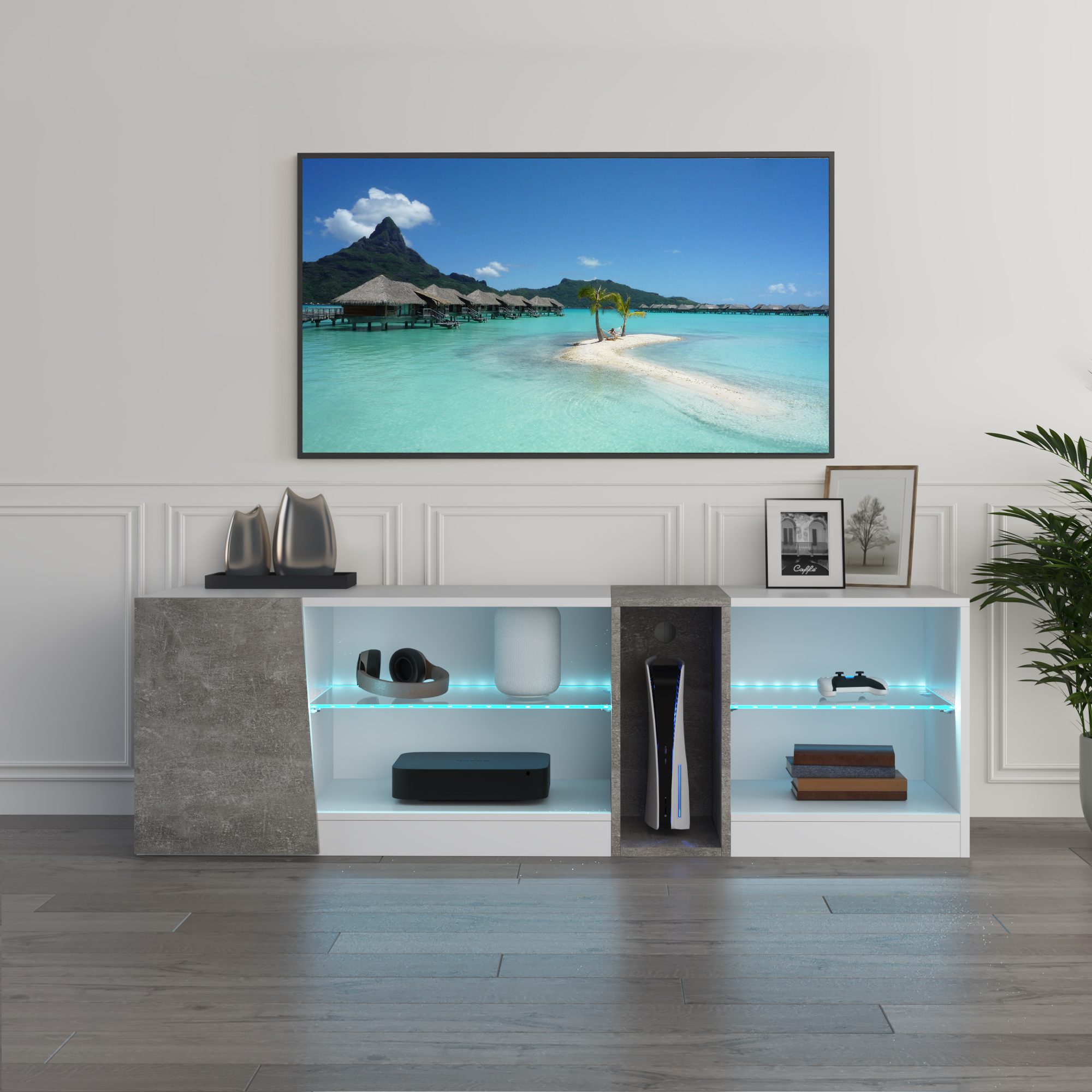 Mondeer – Meuble Tv Led Blanc Et Gris – 5 Compartiments Ouverts – 1