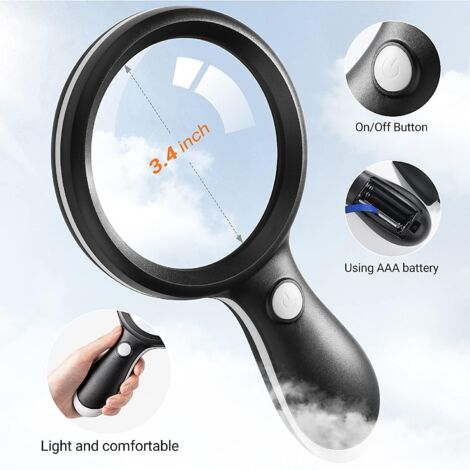 Loupe de lecture lumineuse à main, grossissement 10x, lentille en verre optique 4,4 pouces, 18 LED et 3 modes d'éclairage