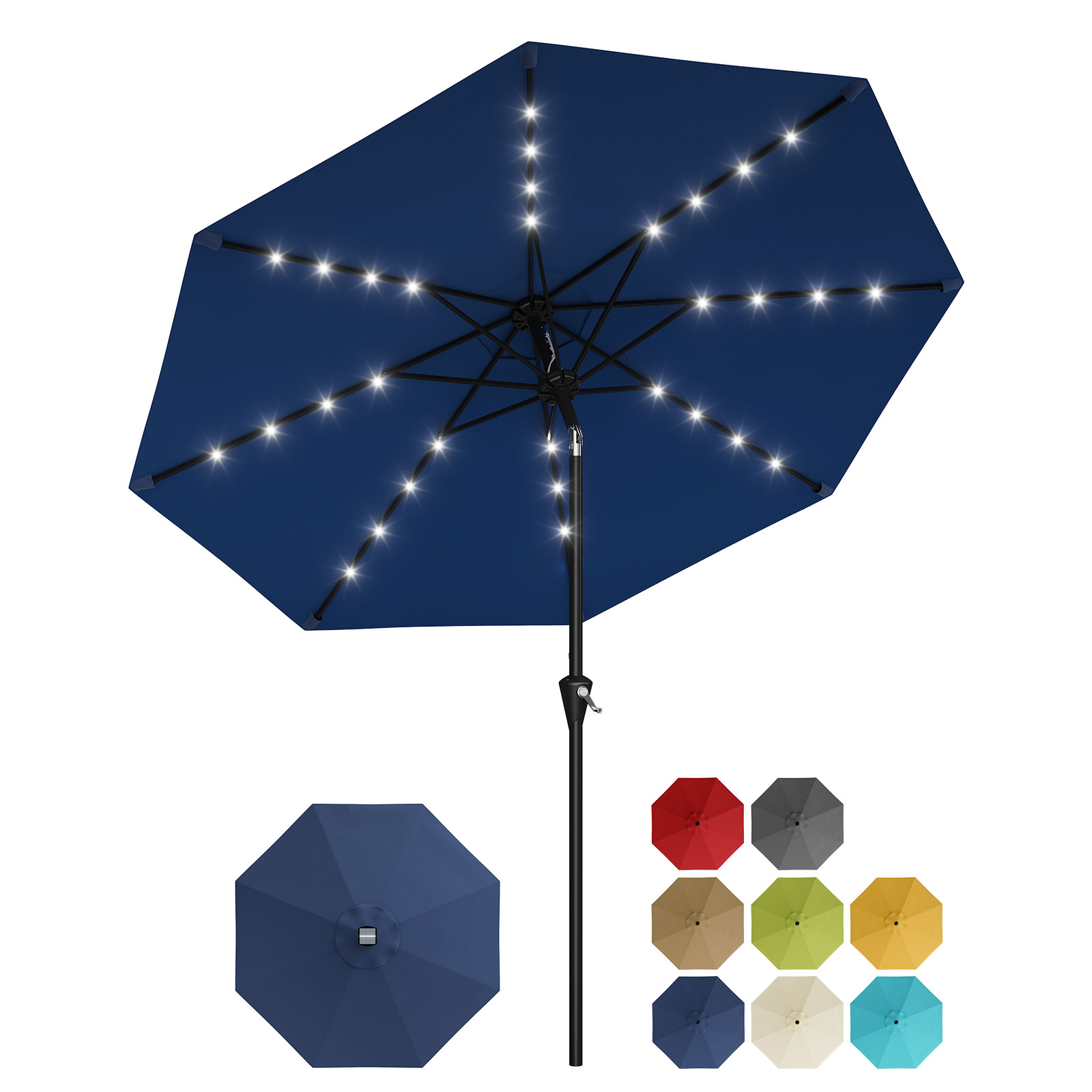 Parasol De Terrasse Solaire 9ft Avec 32 Led - Protection Uv, Tissu Imperméable - Manivelle Inclinable, 8 Baleines Robustes - Idéal Pour Jardin, Piscine, Patio, Table Extérieurérieure Bleu Marine