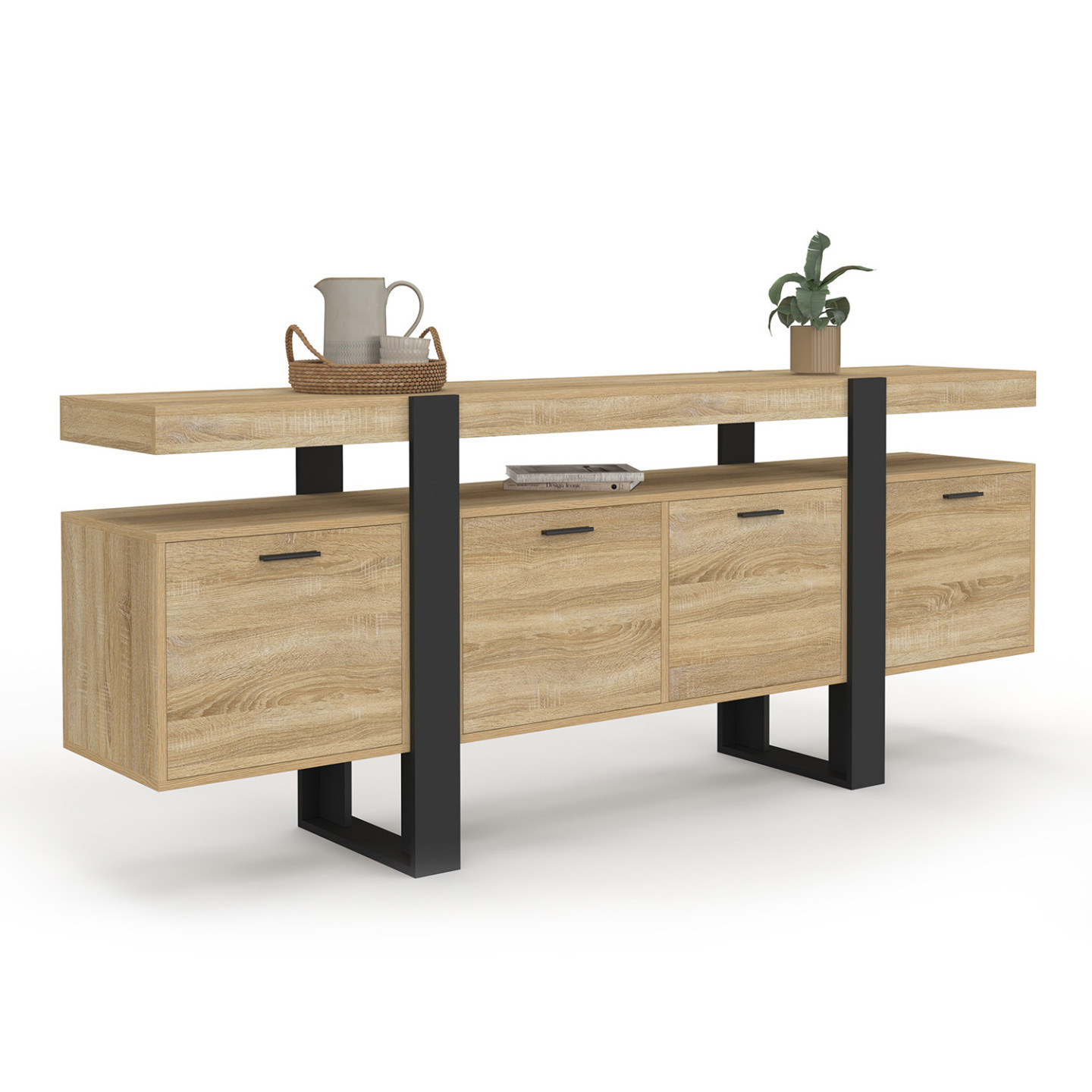 Idmarket – Buffet Enfilade 200 Cm 4 Portes – Niche Bois Et Noir