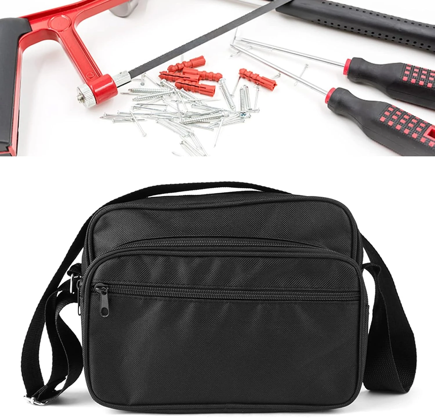 Sacoche à outils bandoulière en polyester 600D, organisateur à compartiments pour quincaillerie, noir