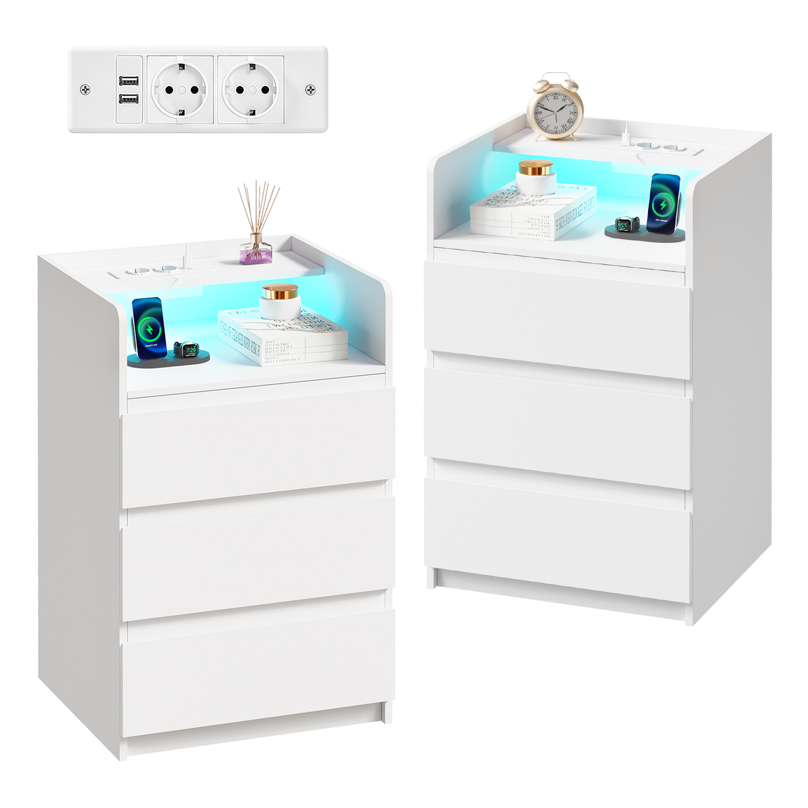Lot De 2 Table De Chevet,led Réglable, Prise De Courant Et Port Usb