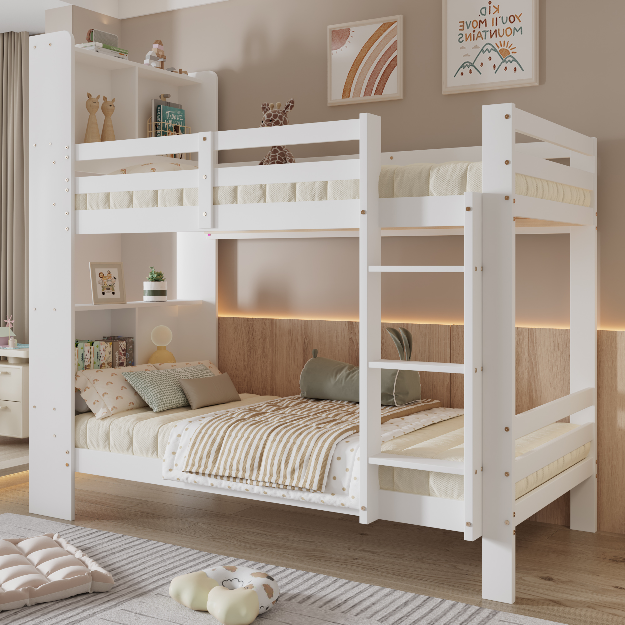 Modenvie Etagenbett 90×200 Cm, Bett 2 Plätze Mit Kopfteilregalen, Gerader 3 Stufen Leiter Und Rundumgeländer, Ohne Matratze, Weiß