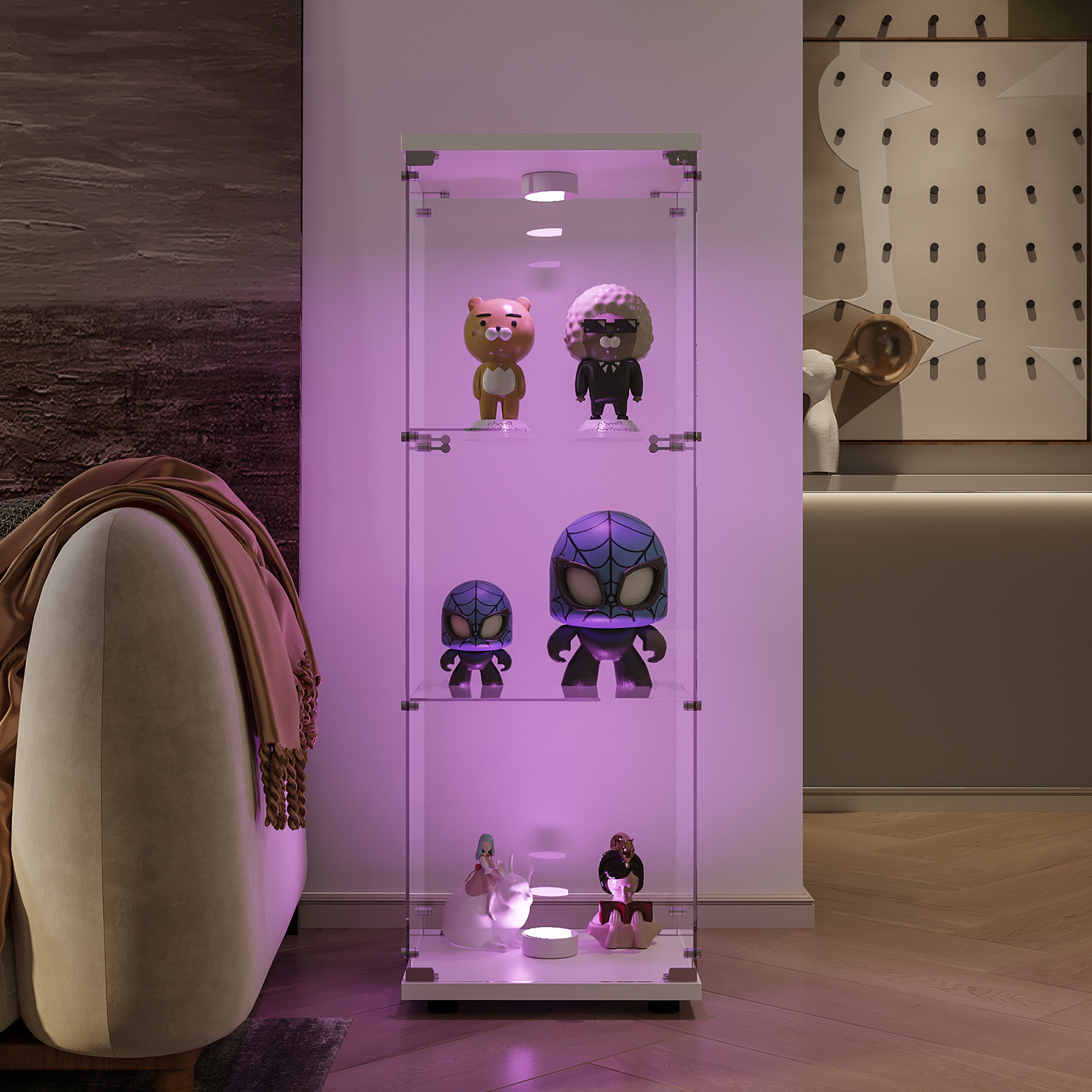 Vitrine Verre Sécurisé Anti-éclats, Verre Trempé, 3 Étagères Avec Led Réglable, Style Moderne, Base Blanc, 42x36x125 Cm