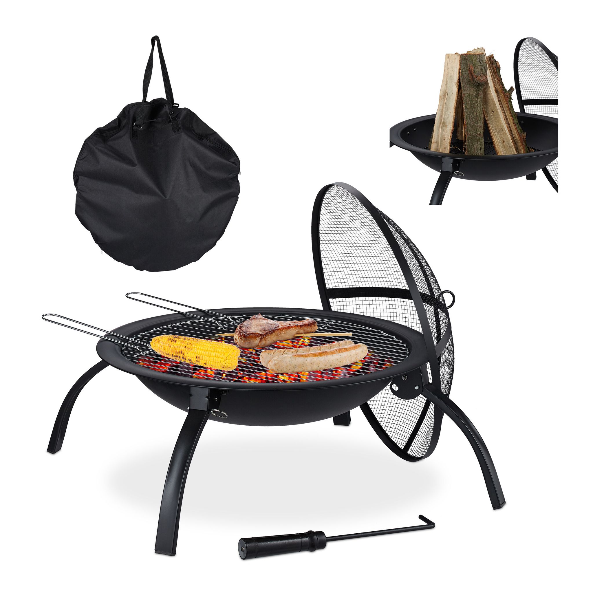 Relaxdays - Xl Fire Pit, Grate, Poker, Spark Screen, Lid, With Bag, Garden, Patio, Fire Bowl D 56.5 Cm, Black