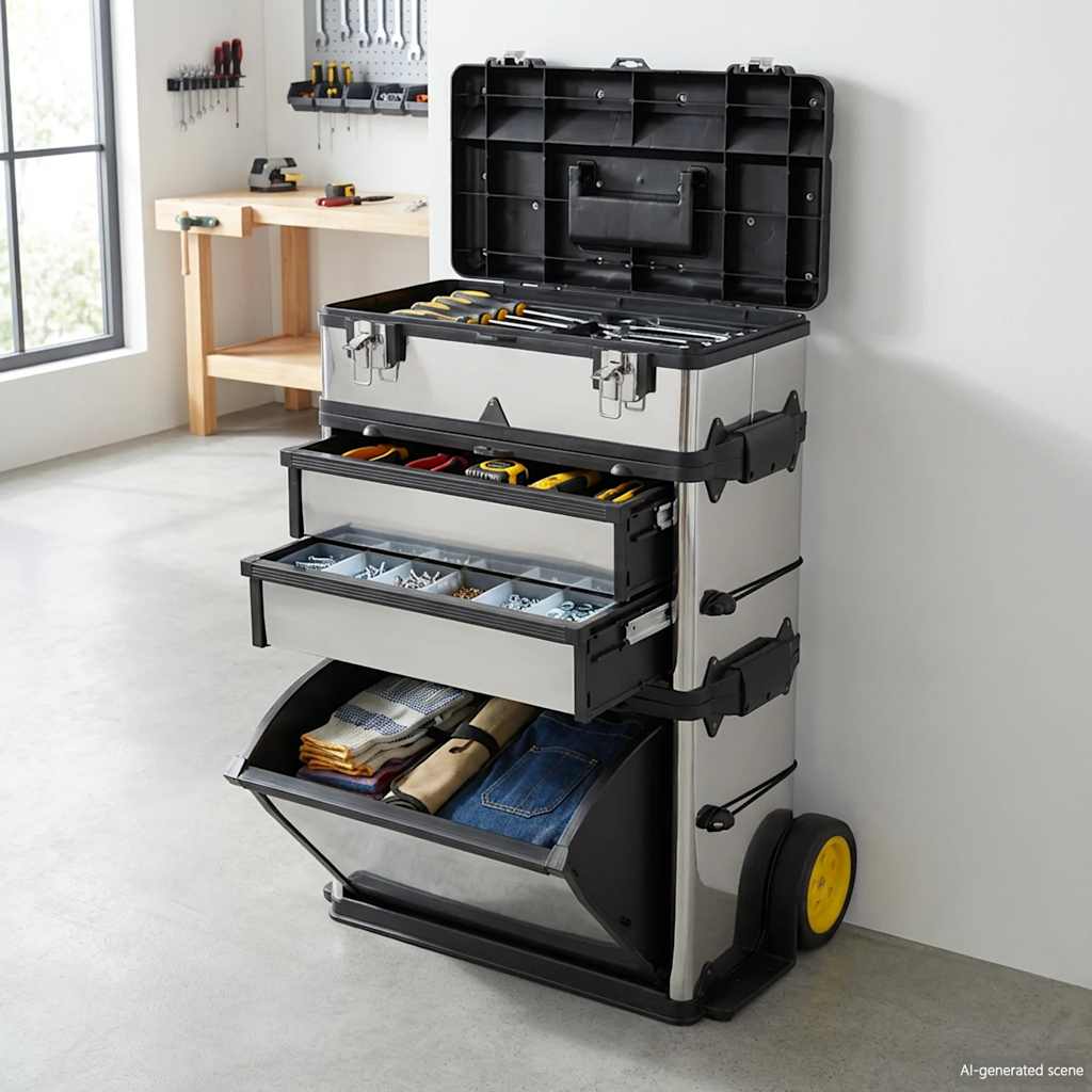 Boîte à outils roulante 3 compartiments en polypropylène et acier inoxydable, 56,5 x 35 x 77-92 cm
