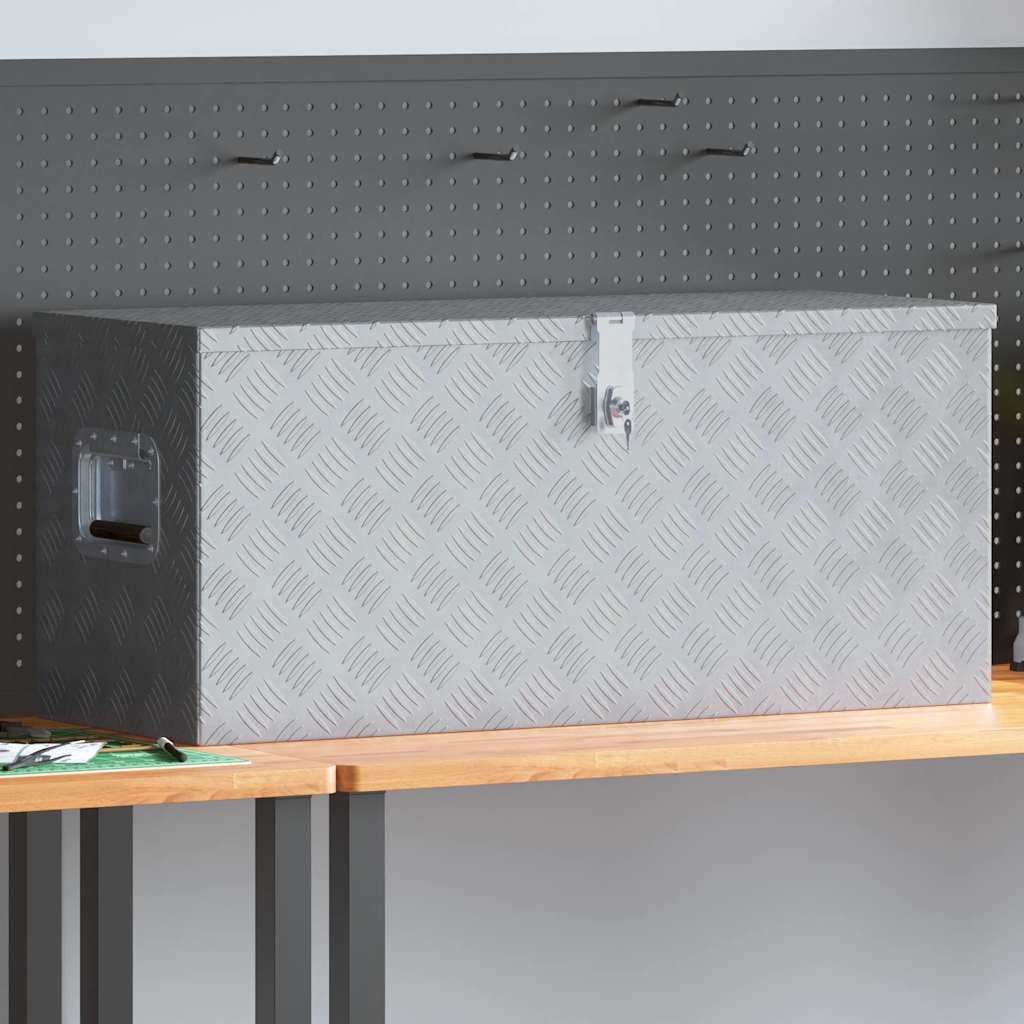 Caisse de rangement en aluminium argenté 90,5 x 35 x 40 cm, verrouillable avec 2 clés et poignées de transport