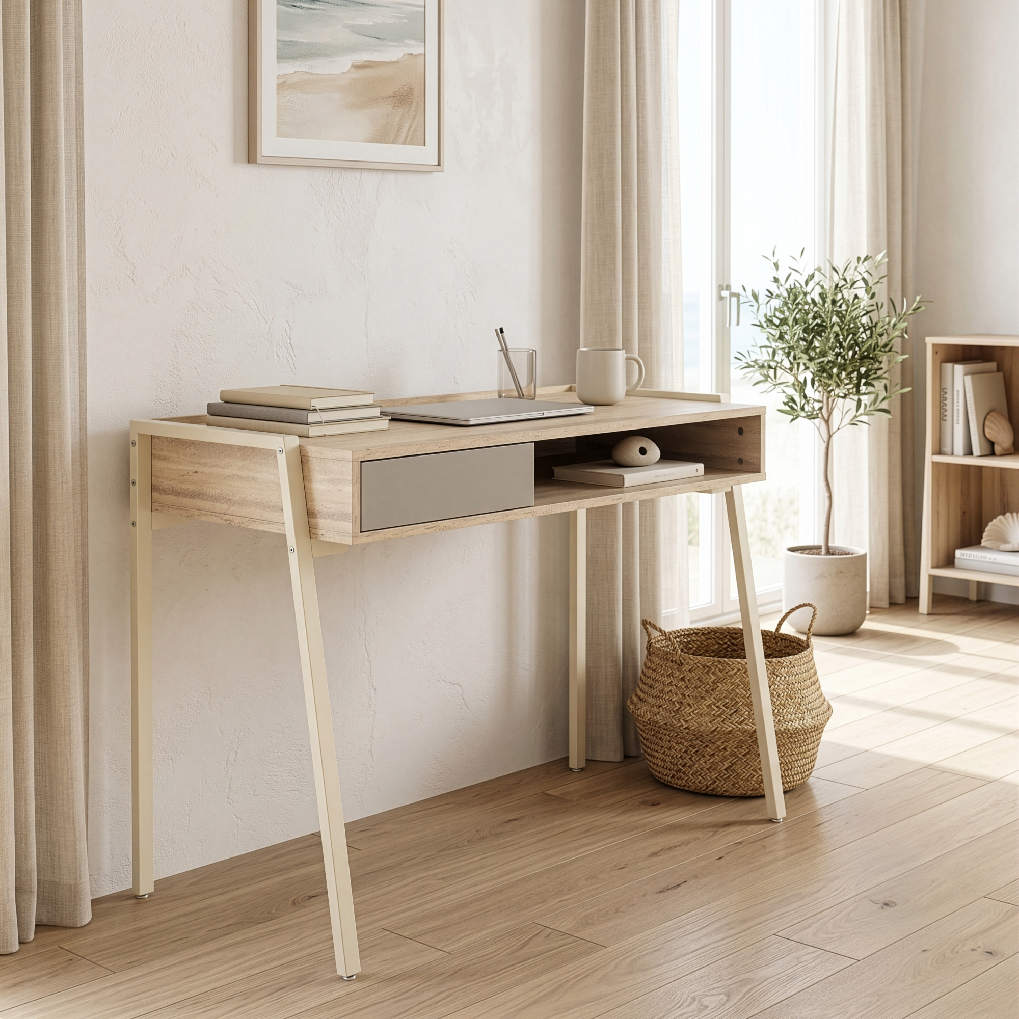 Bureau Boderas 107 X 55 X 78 Cm Beige Effet Travertin [en.casa]